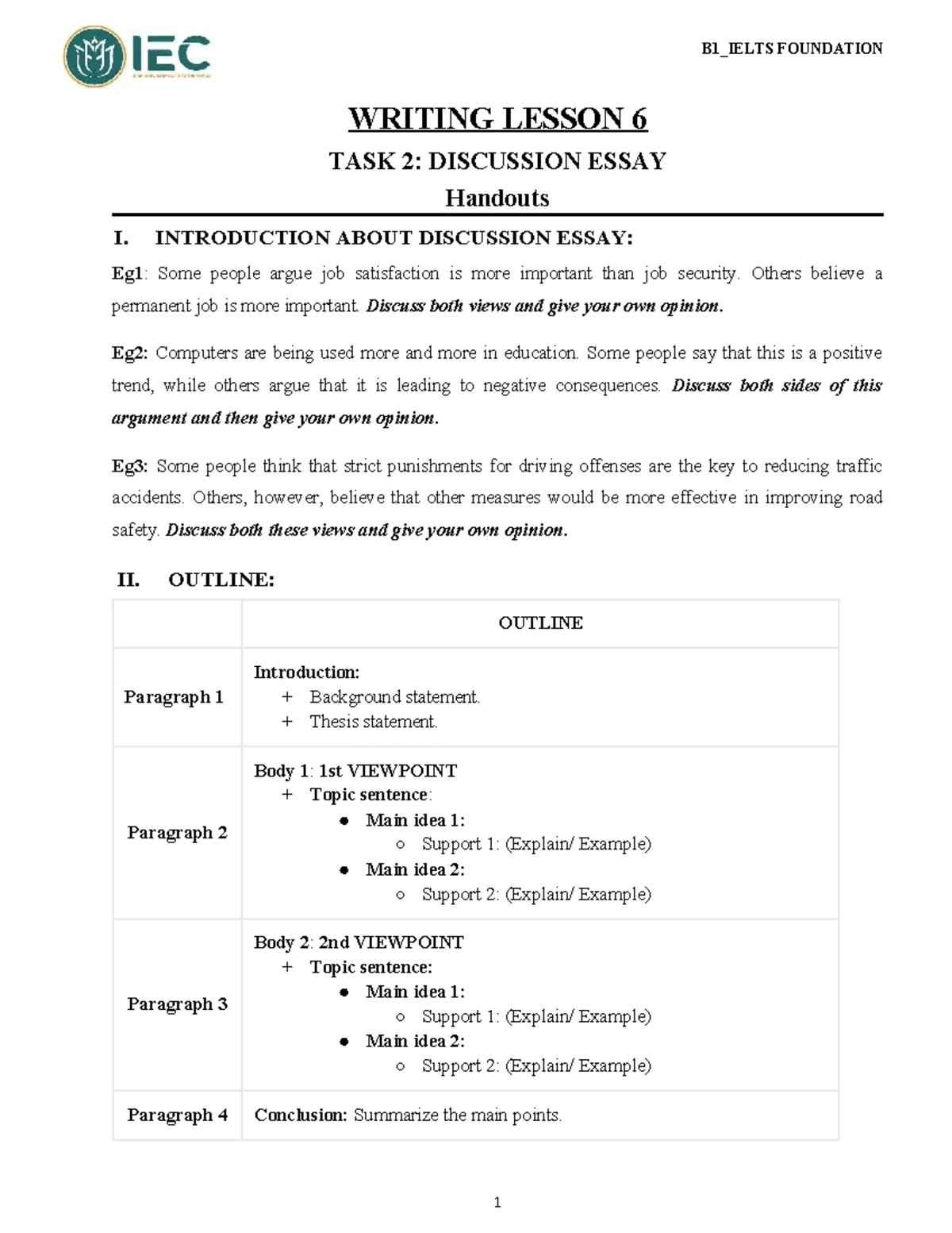 B1_IELTS FOUNDATION WRITING LESSON 8: Agree/Disagree Essay Handouts ...