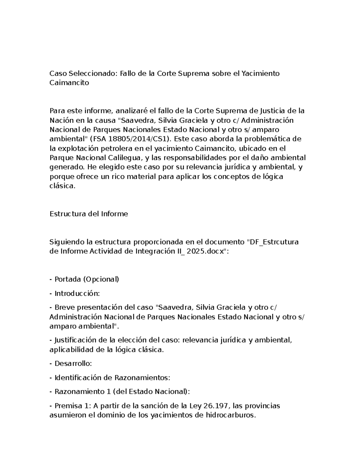 Análisis del Fallo de la Corte Suprema sobre Caimancito (FSA) - Studocu