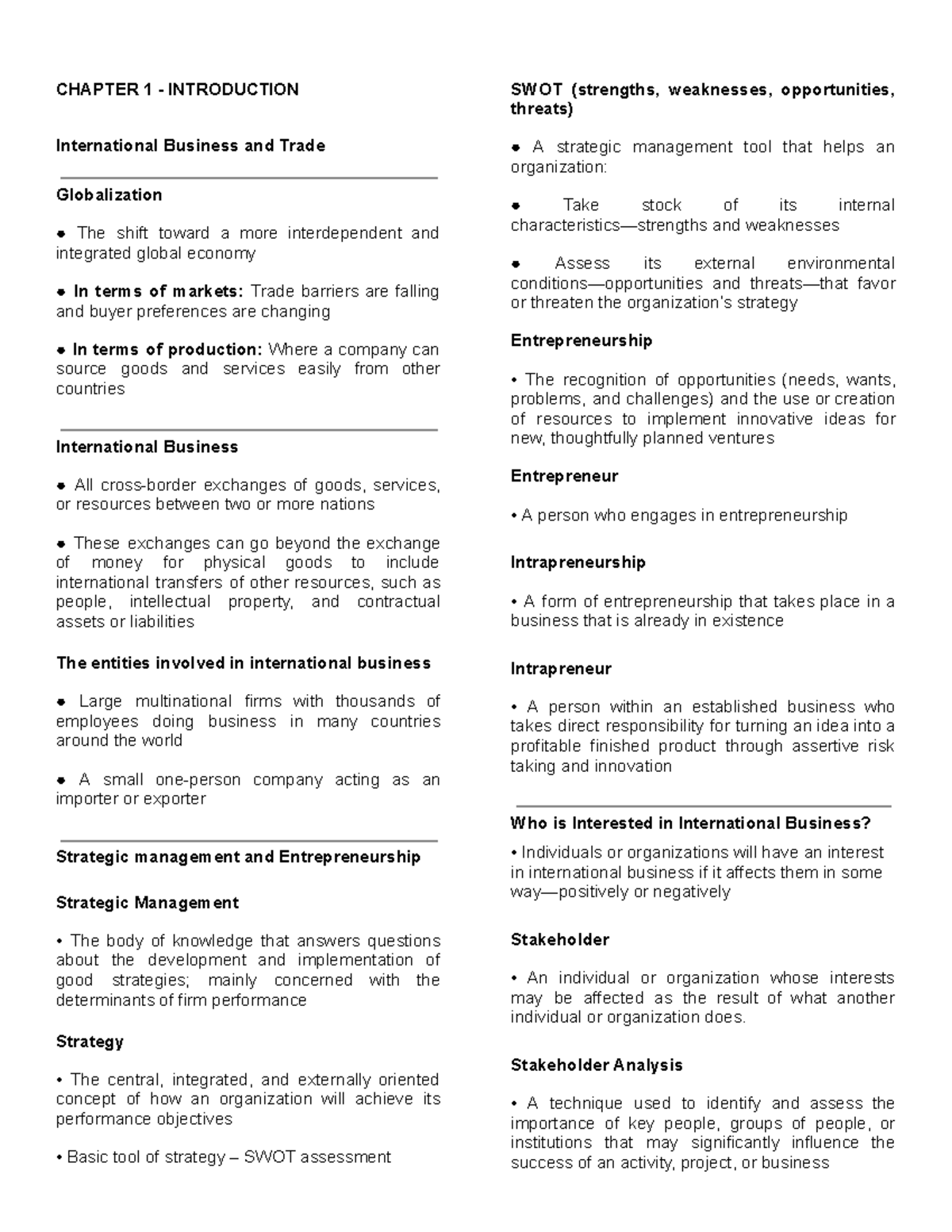IBT Prelims - Chapter 1: Introduction to SWOT in International Business ...