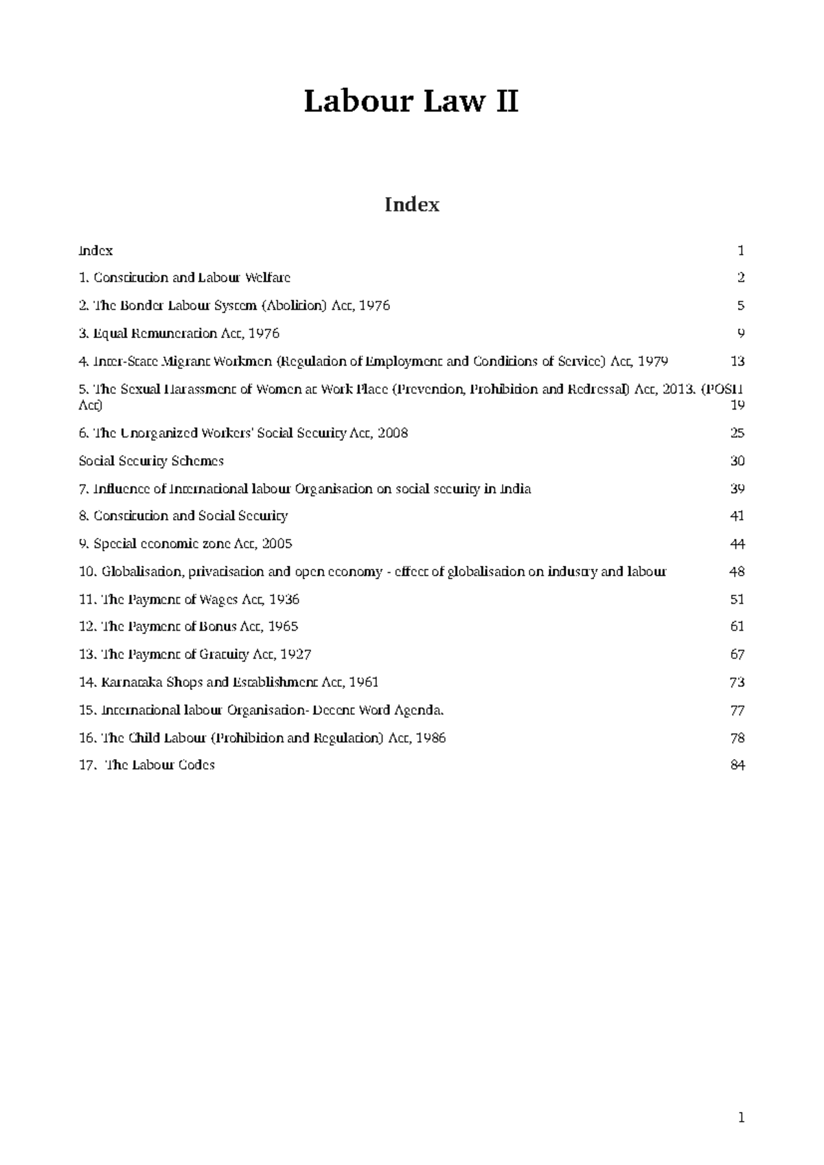 Labour Law II: Comprehensive Index of Key Legislation and Concepts ...