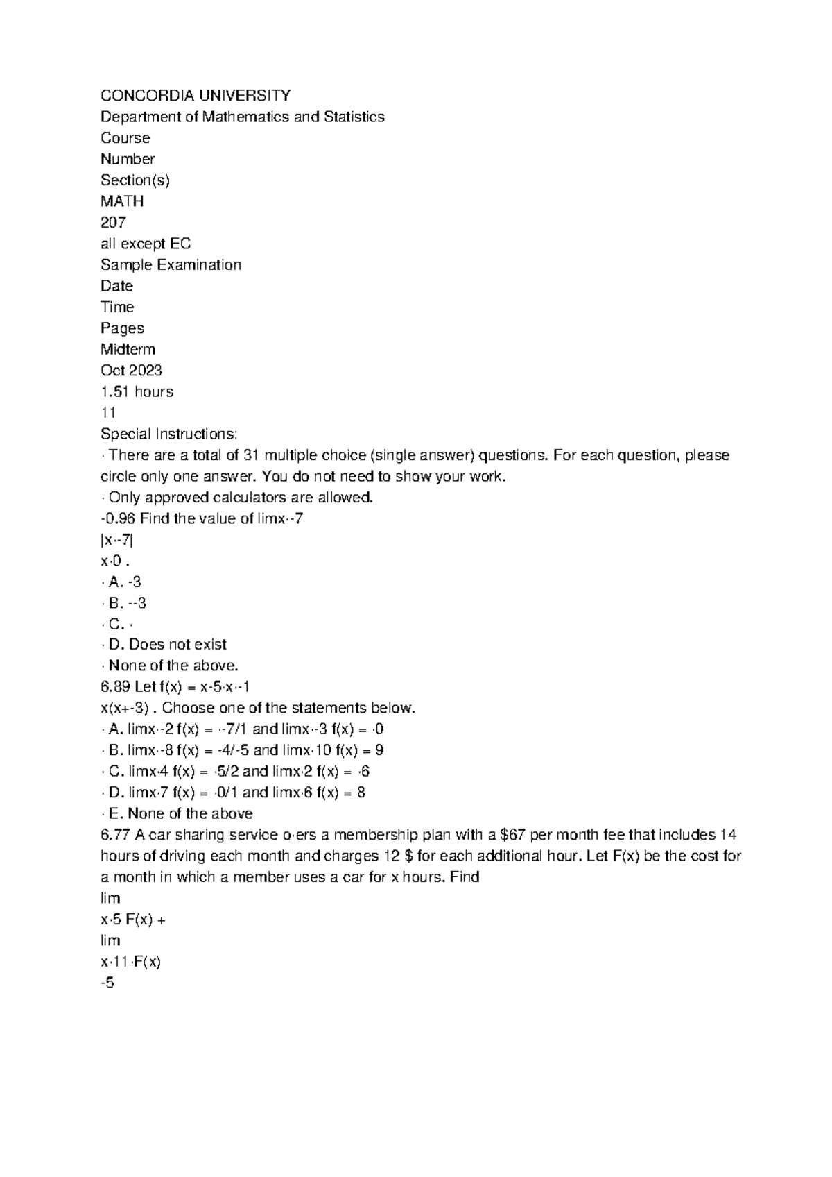 MATH 207 Midterm Practice Exam - October 2023 - Studocu