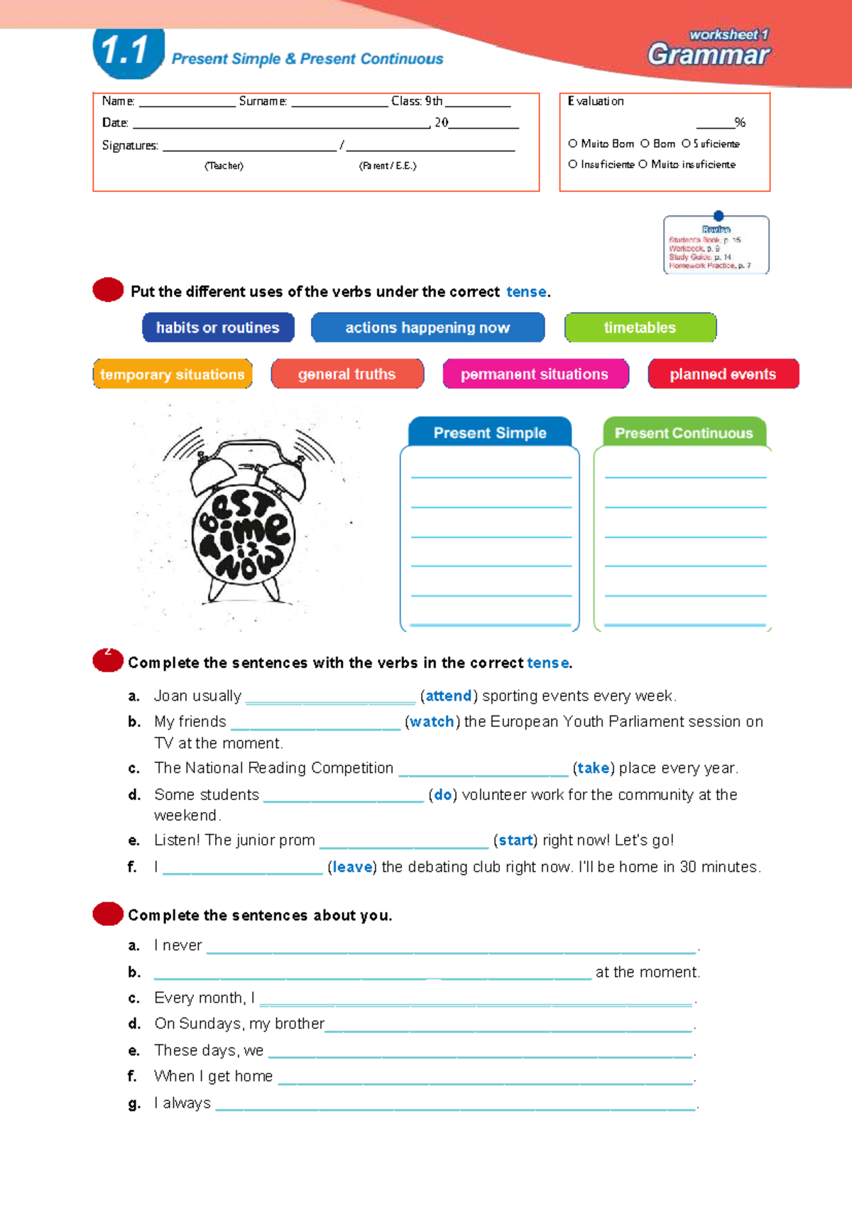 Enga9 Worksheets: Verb Tenses Practice for 9th Grade Evaluation - Studocu