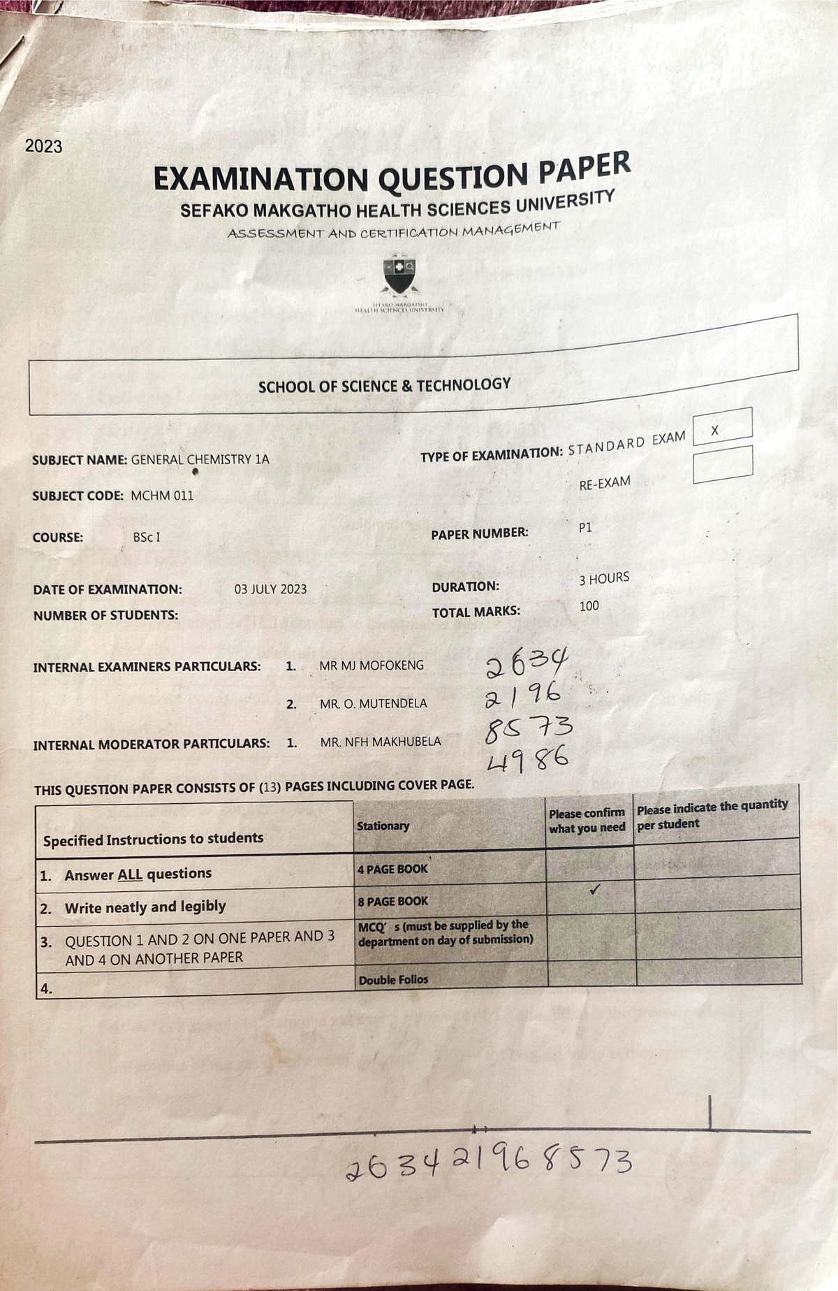 MCHM 011 General Chemistry 1A Final Exam Question Paper 2023 - Studocu