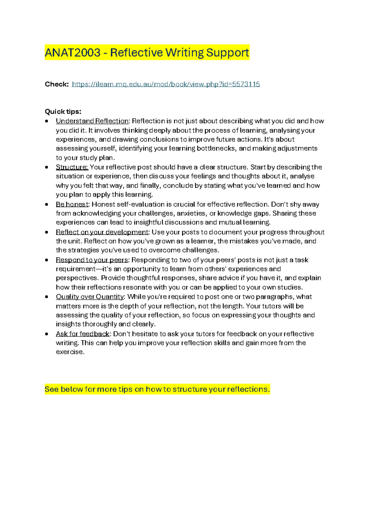 ANAT2003 Reflective Writing: Essential Tips for Success - Studocu