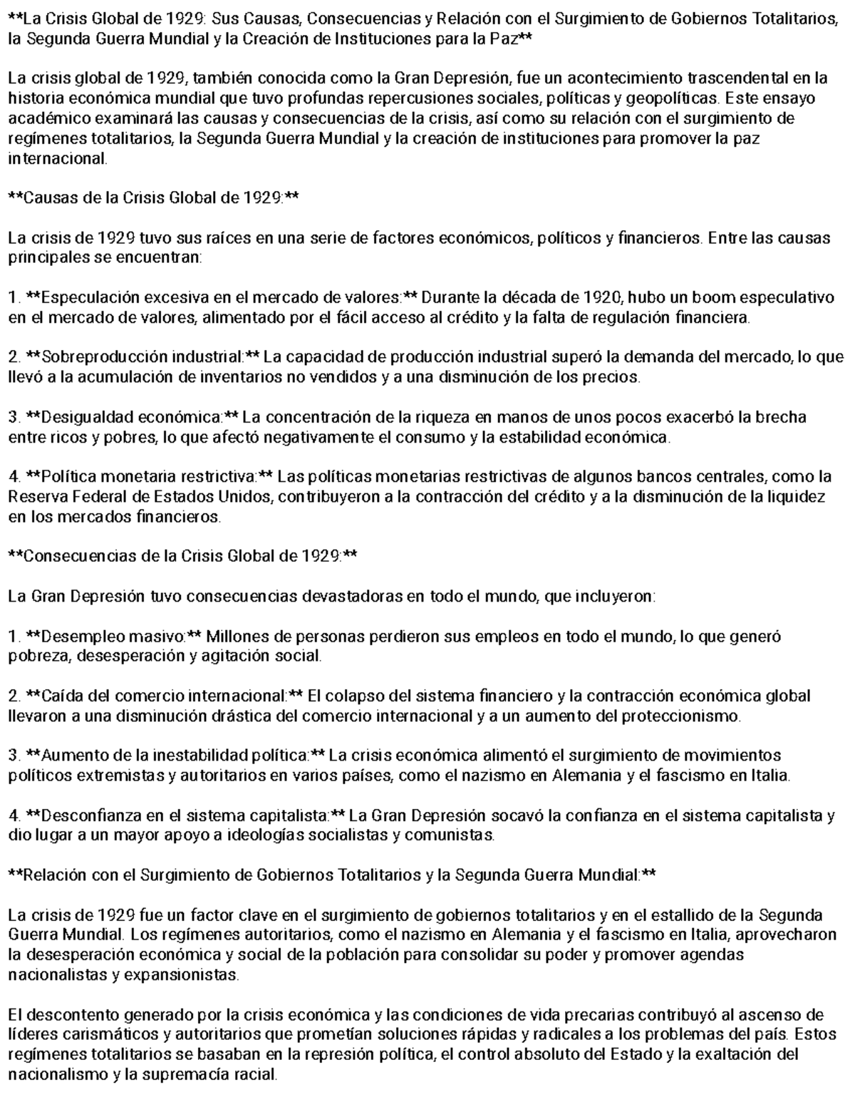 Causas y Consecuencias de la Crisis Global de 1929: Un Análisis - Studocu