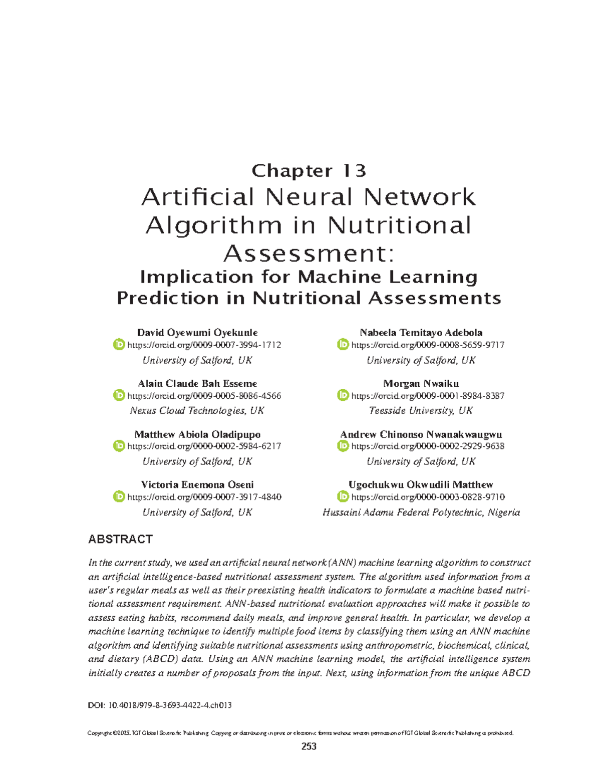 ANN Algorithm for Nutritional Assessment: A Machine Learning Approach ...