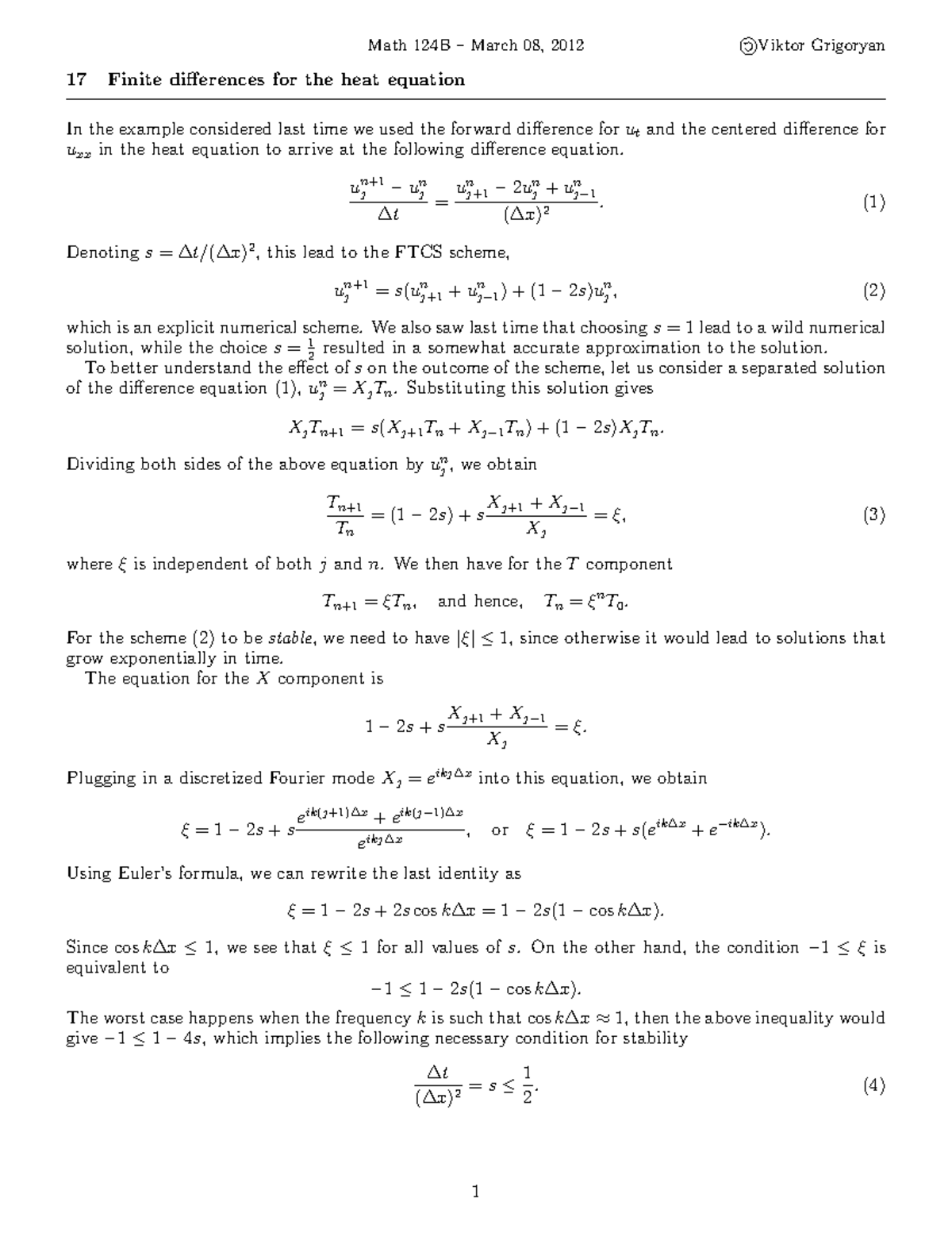 Math 124B Lecture Notes: Finite Differences in Heat Equation Analysis ...