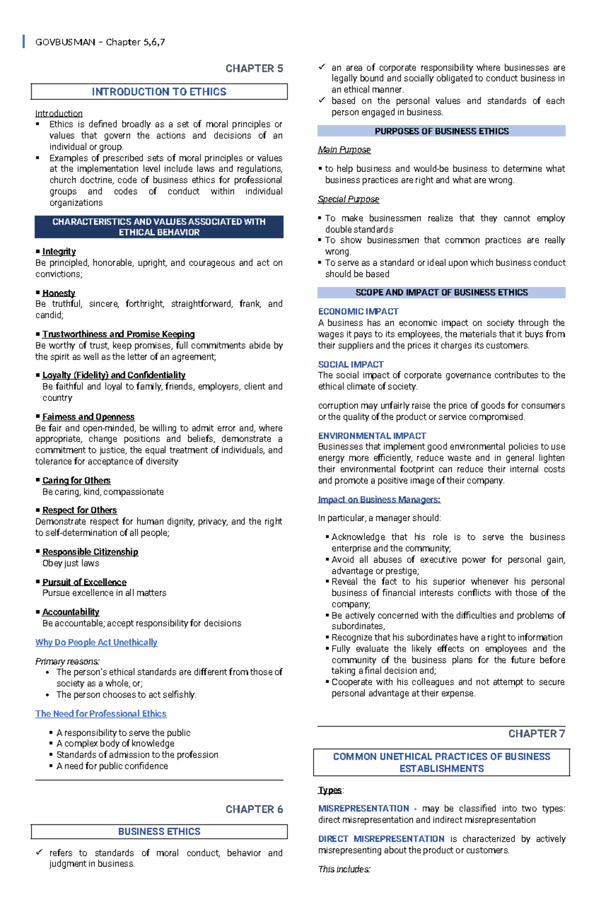 GBM- Chapter-5,6,7 - Governance, Business Ethics, Risk Managing ...