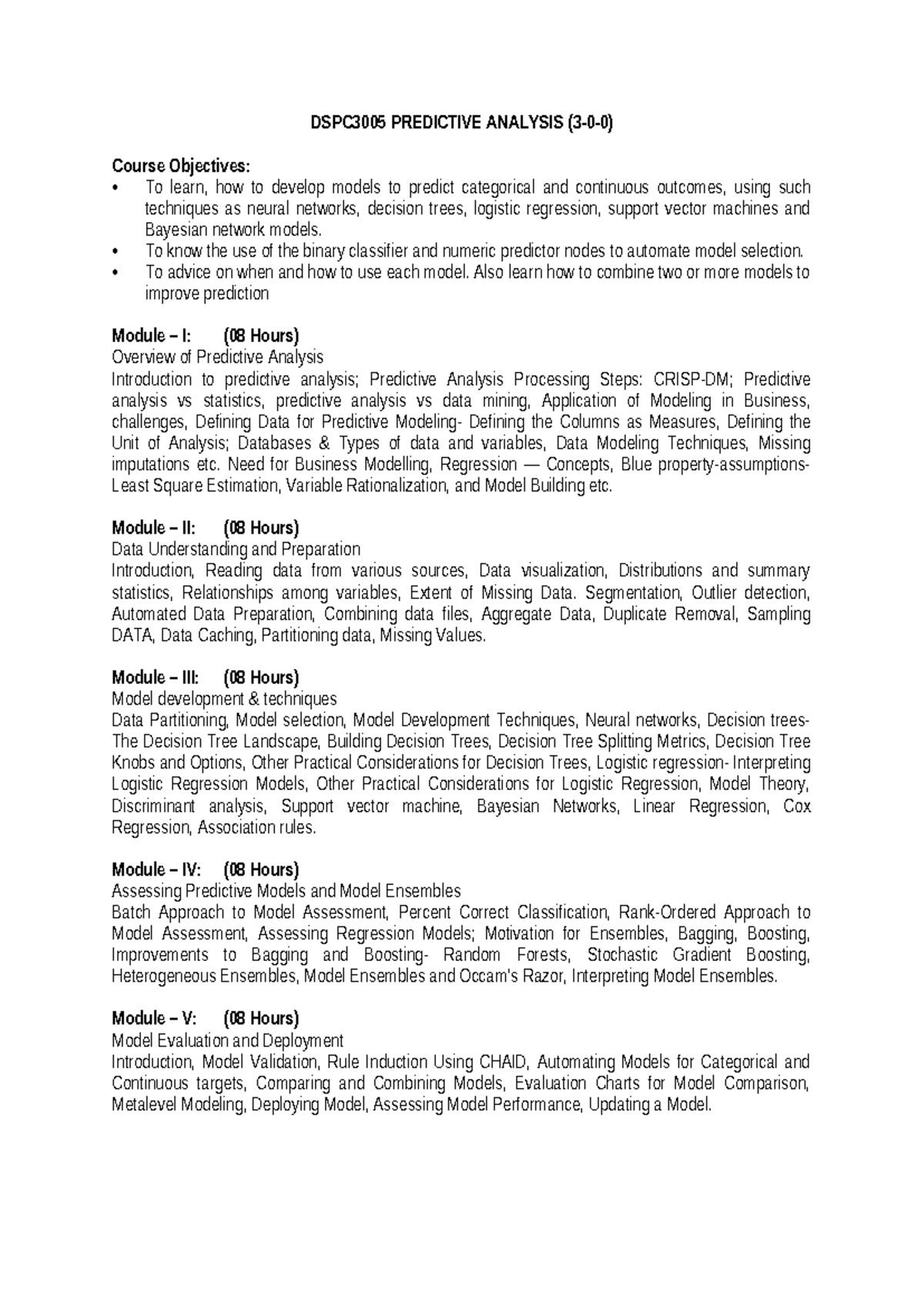 DSPC3005 - Predictive Analysis Course Syllabus and Objectives - Studocu