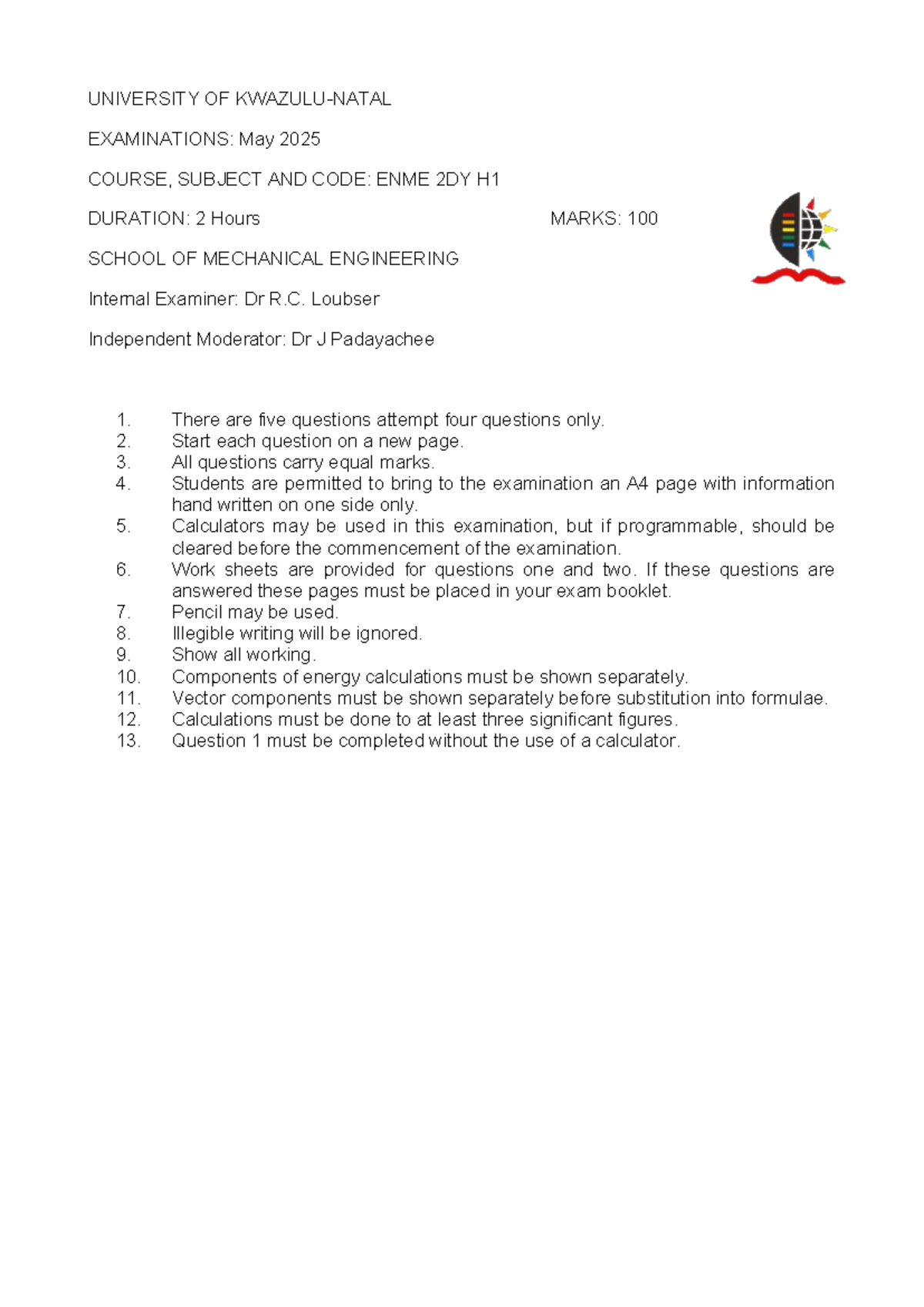 ENME 2DY H1 Final Exam Paper - May 2025 - Studocu