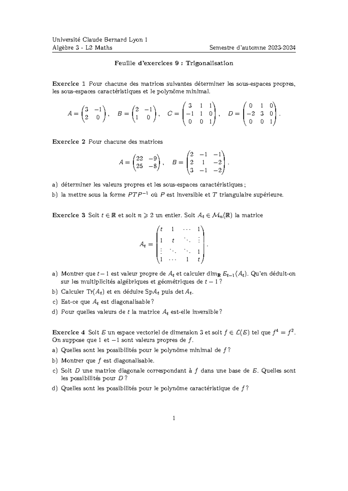 Td9 - Exercices sur la Trigonalisation en Algèbre 3 - L2 - Studocu