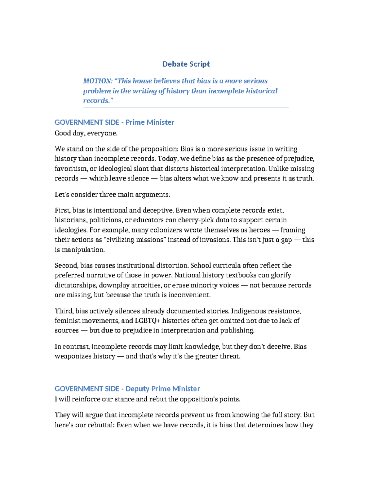 Debate Script: MOTION - Bias vs. Incomplete Records in History - Studocu