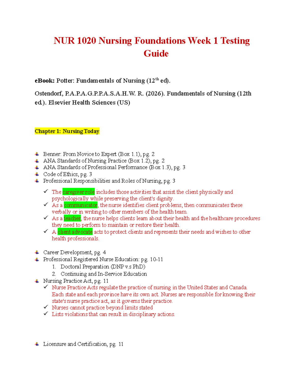 NUR 1020 Nursing Foundations Week 1 Study Guide: Key Concepts & EBP ...