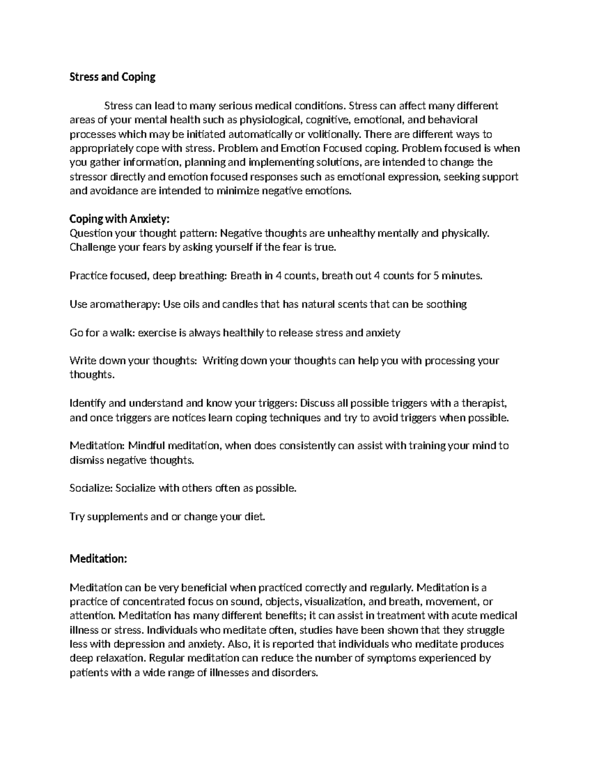 Stress and Coping Strategies for Mental Health Management - Studocu