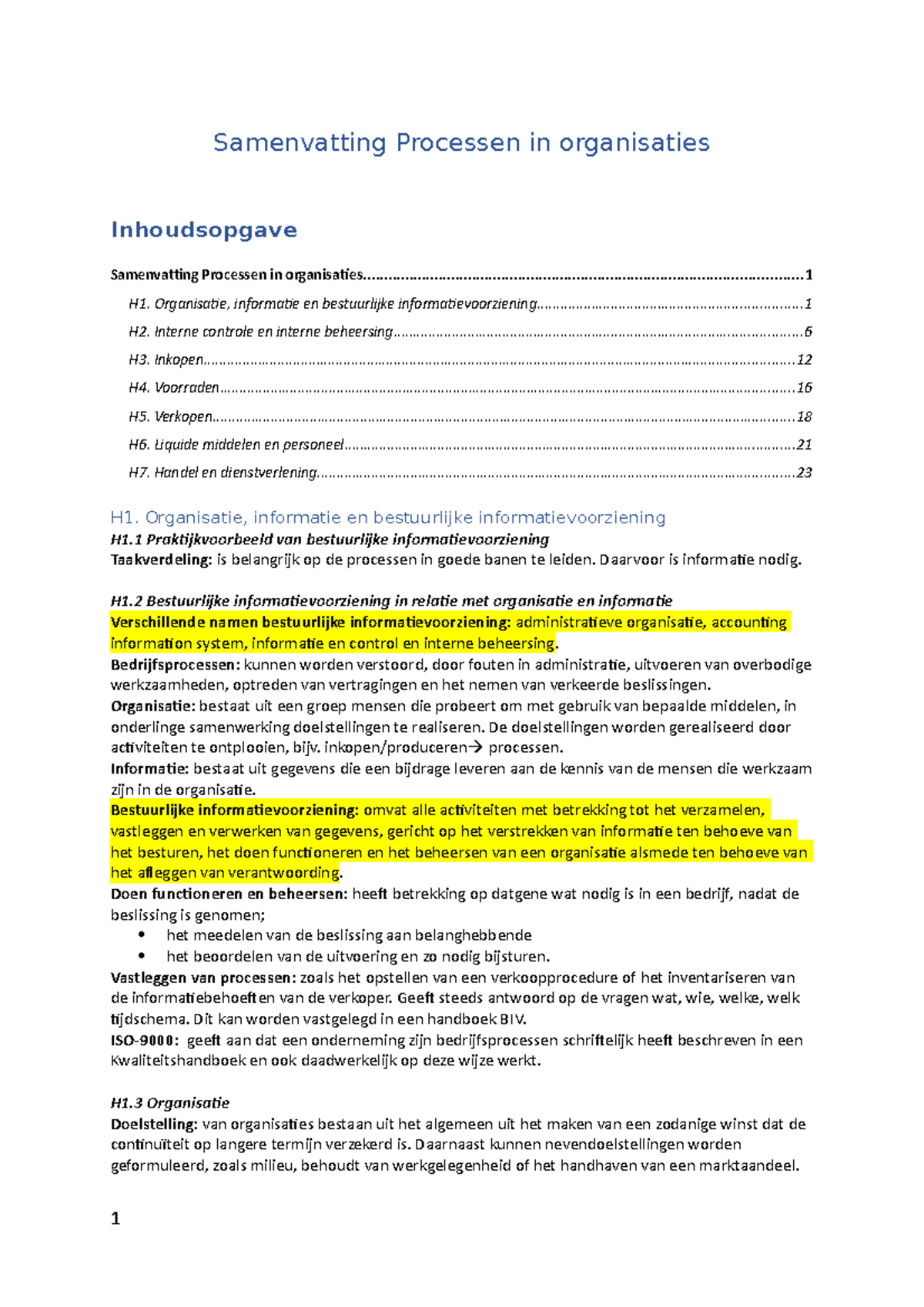Samenvatting H1-H2 Processen in Organisaties voor Cursus BIV - Studeersnel
