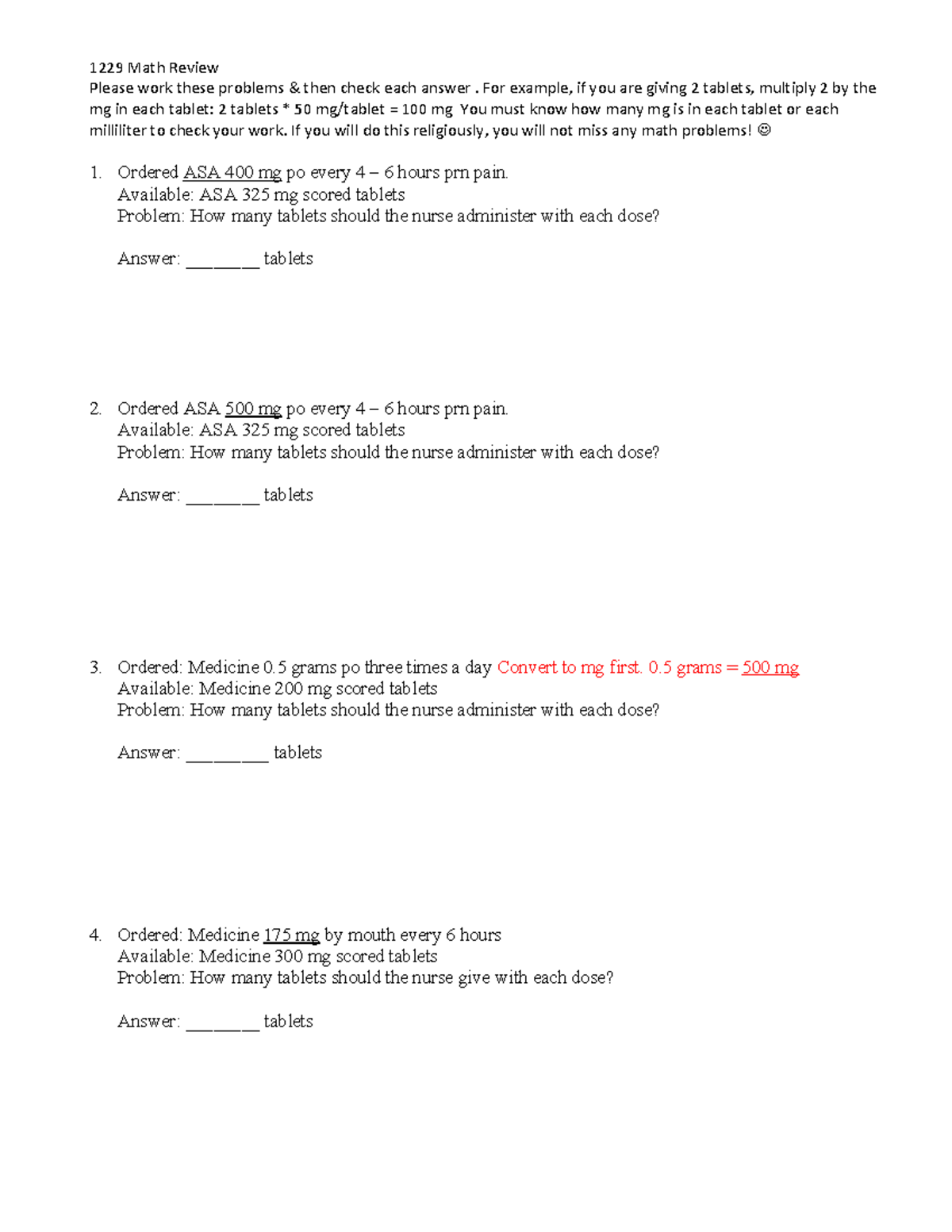 1229 Math Review: Dosage Calculations and Problem Solutions - Studocu