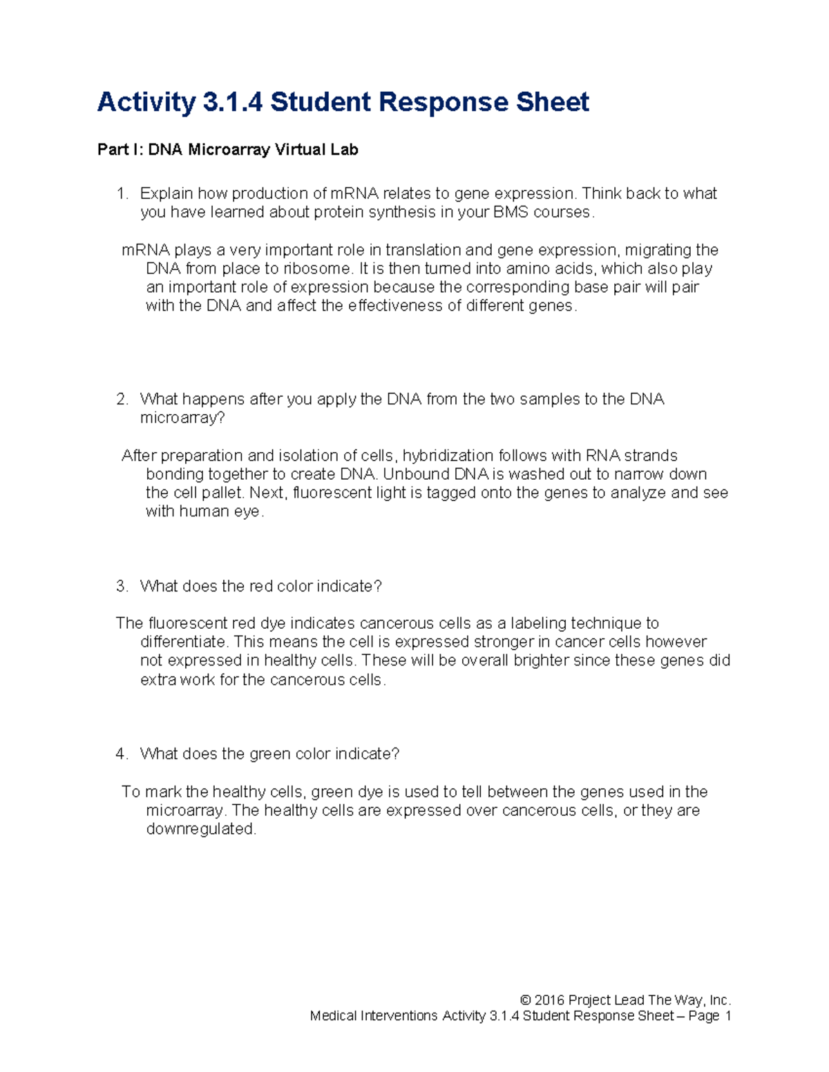 3.1.4 Student Response Sheet: Insights on DNA Microarray Lab - Studocu