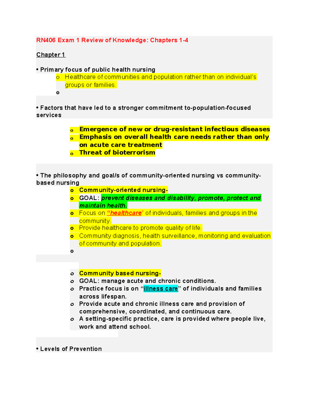 RN406 Exam 1 Comprehensive Review of Public Health Nursing Concepts ...