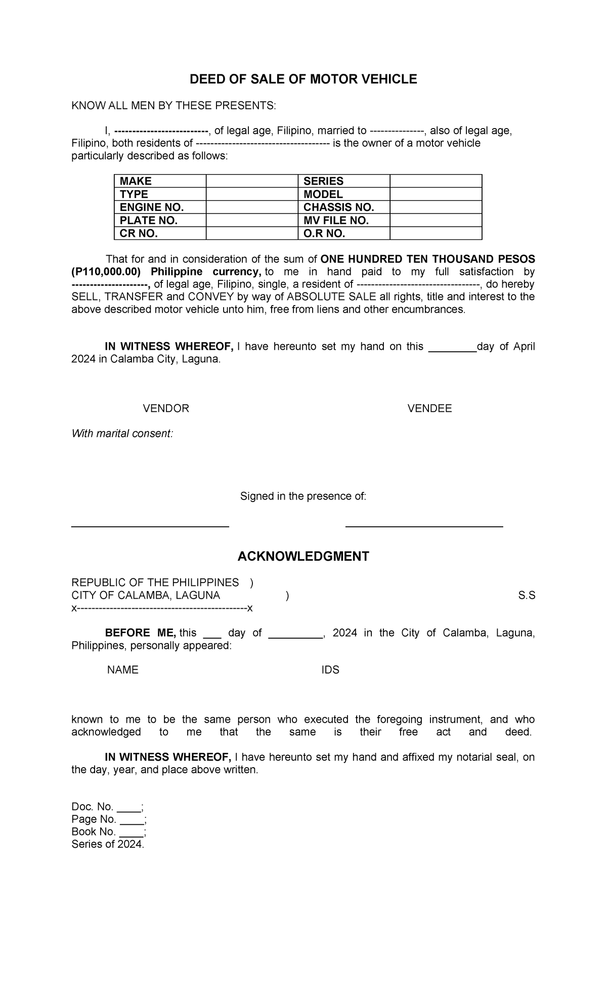 Motor Vehicle Deed of Sale - P110,000 Transfer Agreement - Studocu