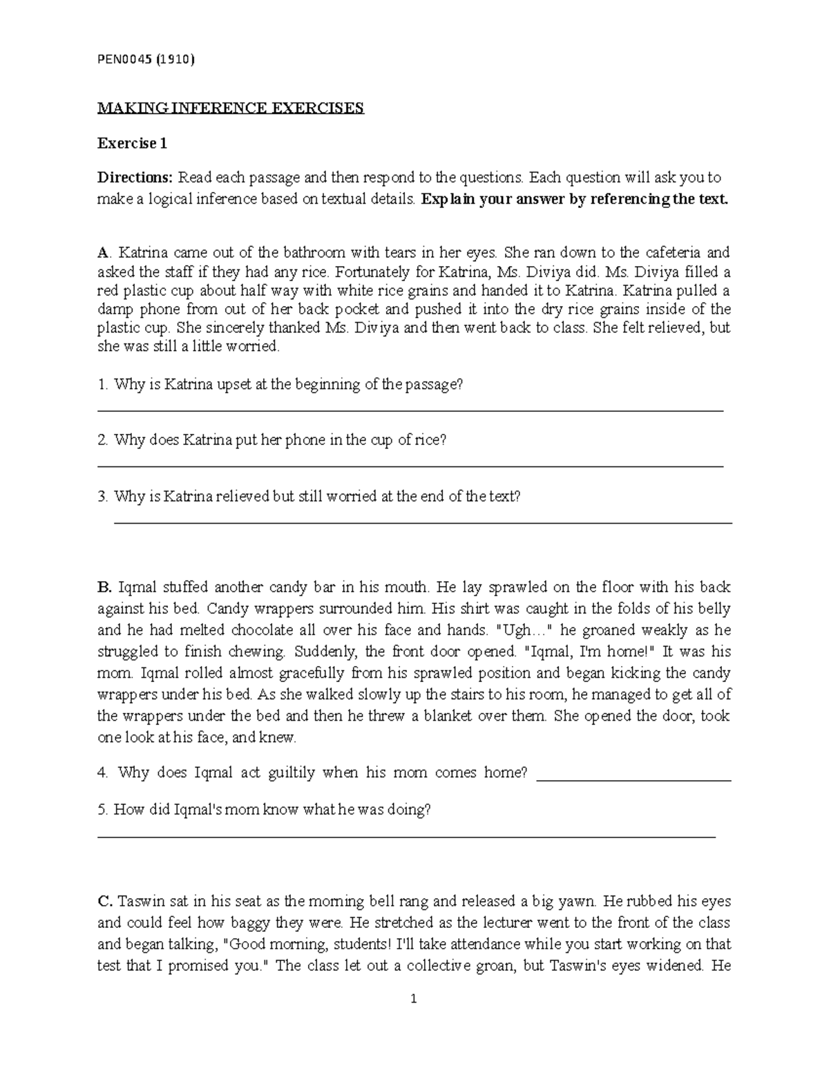 284947 PEN0045 (1910) Making Inferences Exercise Guide - Studocu