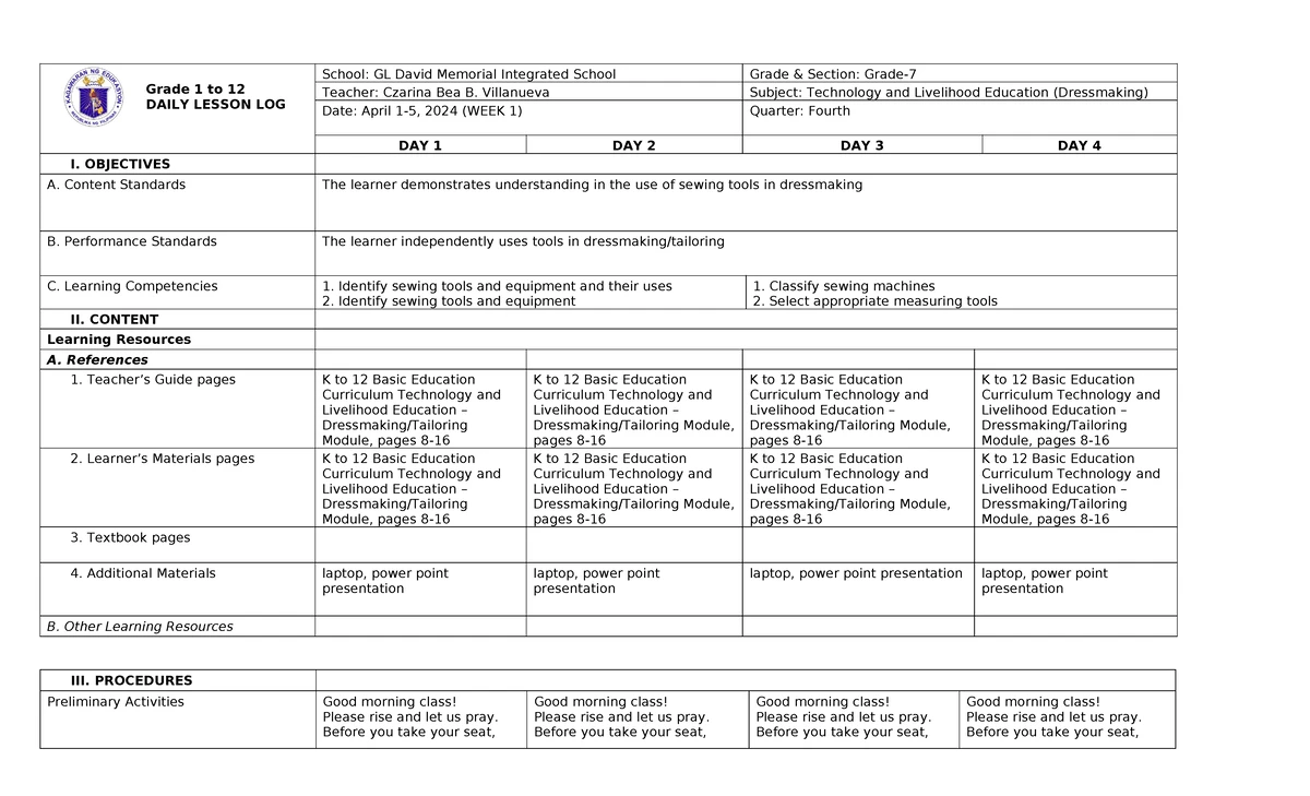 Q1 W4 TLE-9 - Daily Lesson Log for Cookery Class - Studocu