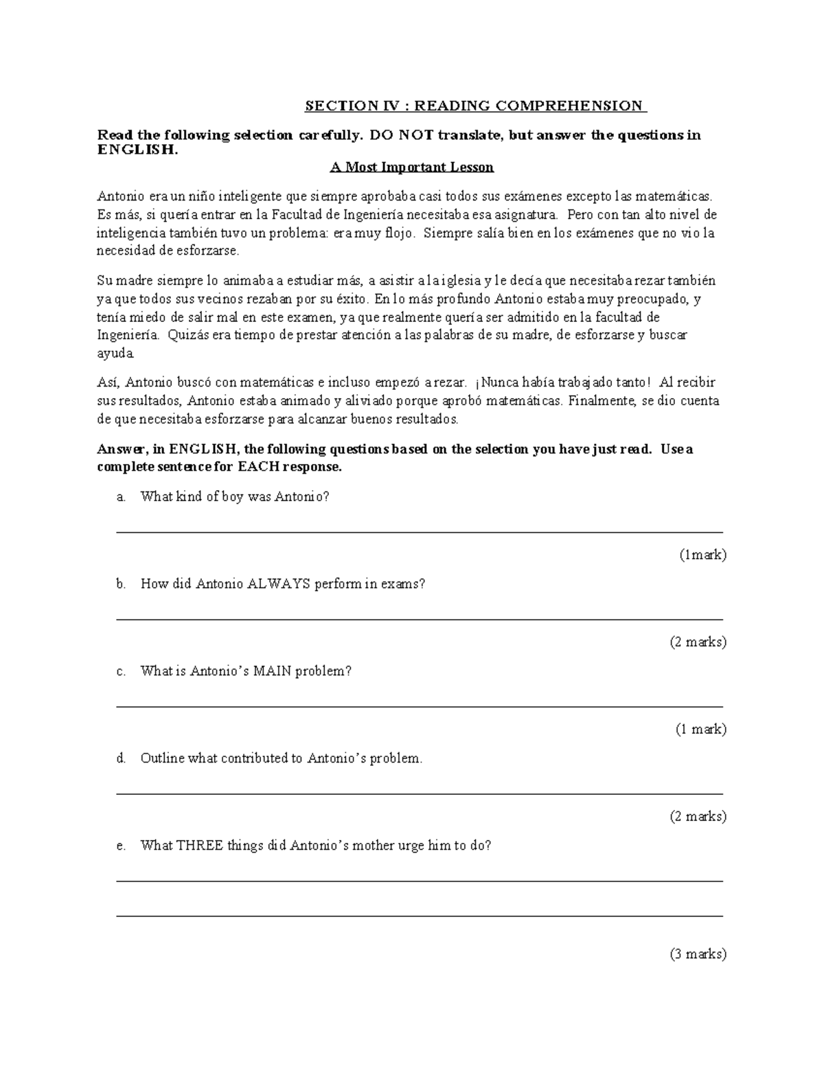 CSEC Spanish 2026 Reading Comprehension: Antonio's Lesson - Studocu