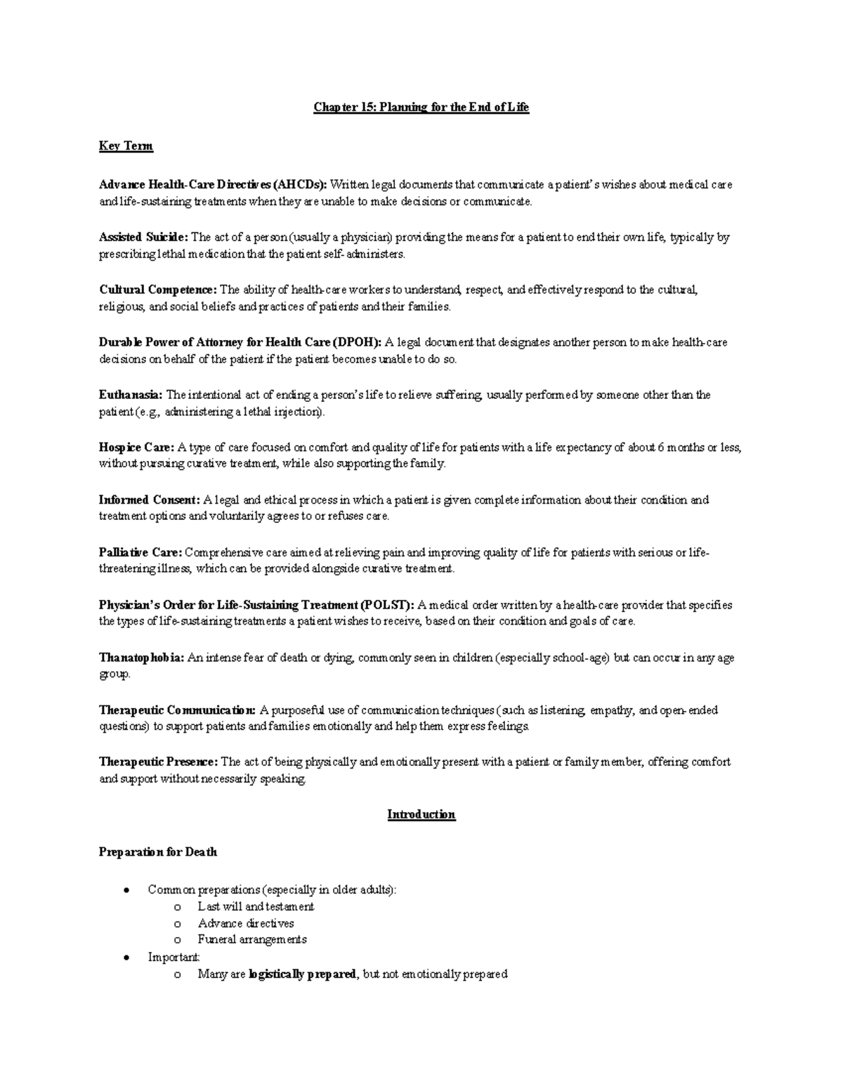 Chapter 15: Planning for the End of Life - Key Concepts and Terms - Studocu