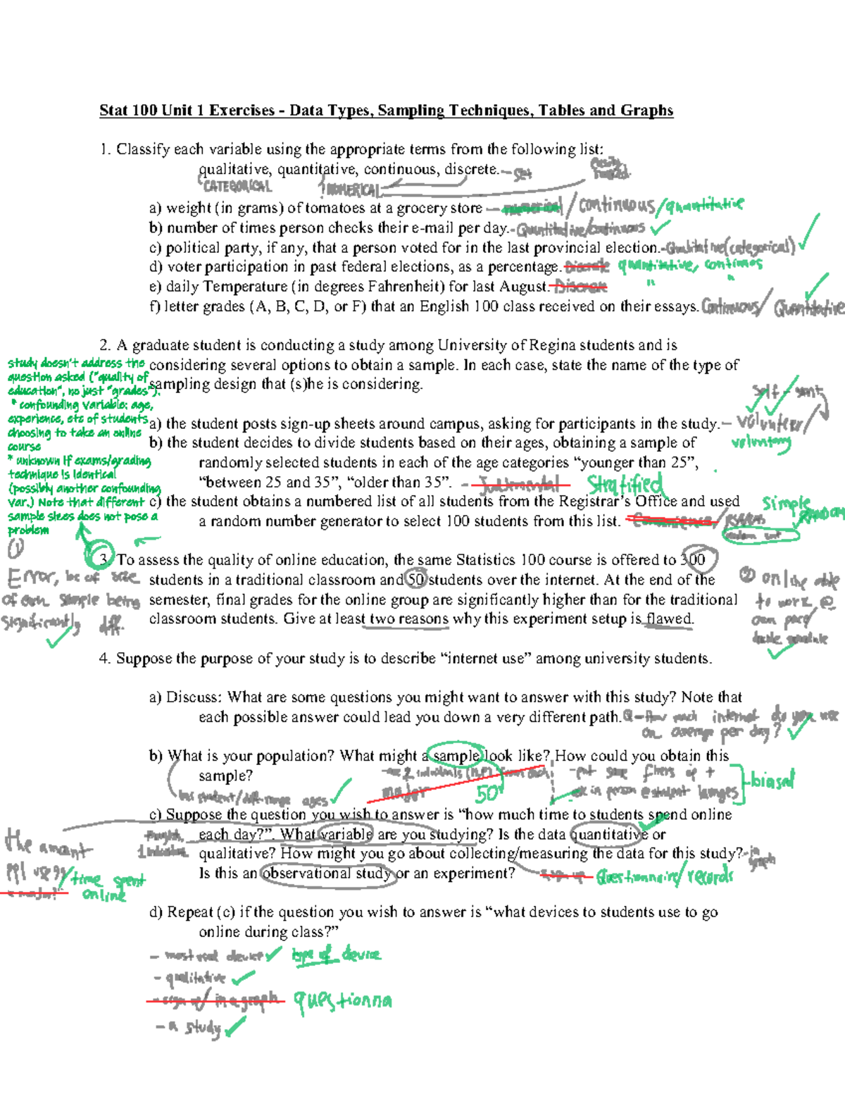 Stat 100 Unit 1 Exercises - Stat 100 Unit 1 Exercises - Data Types ...