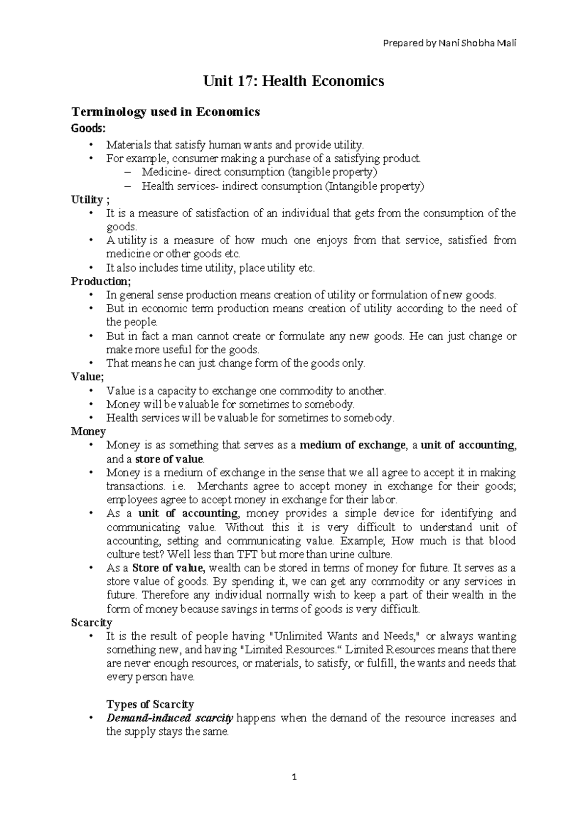 Hand outs- Health economics - Unit 17: Health Economics Terminology ...