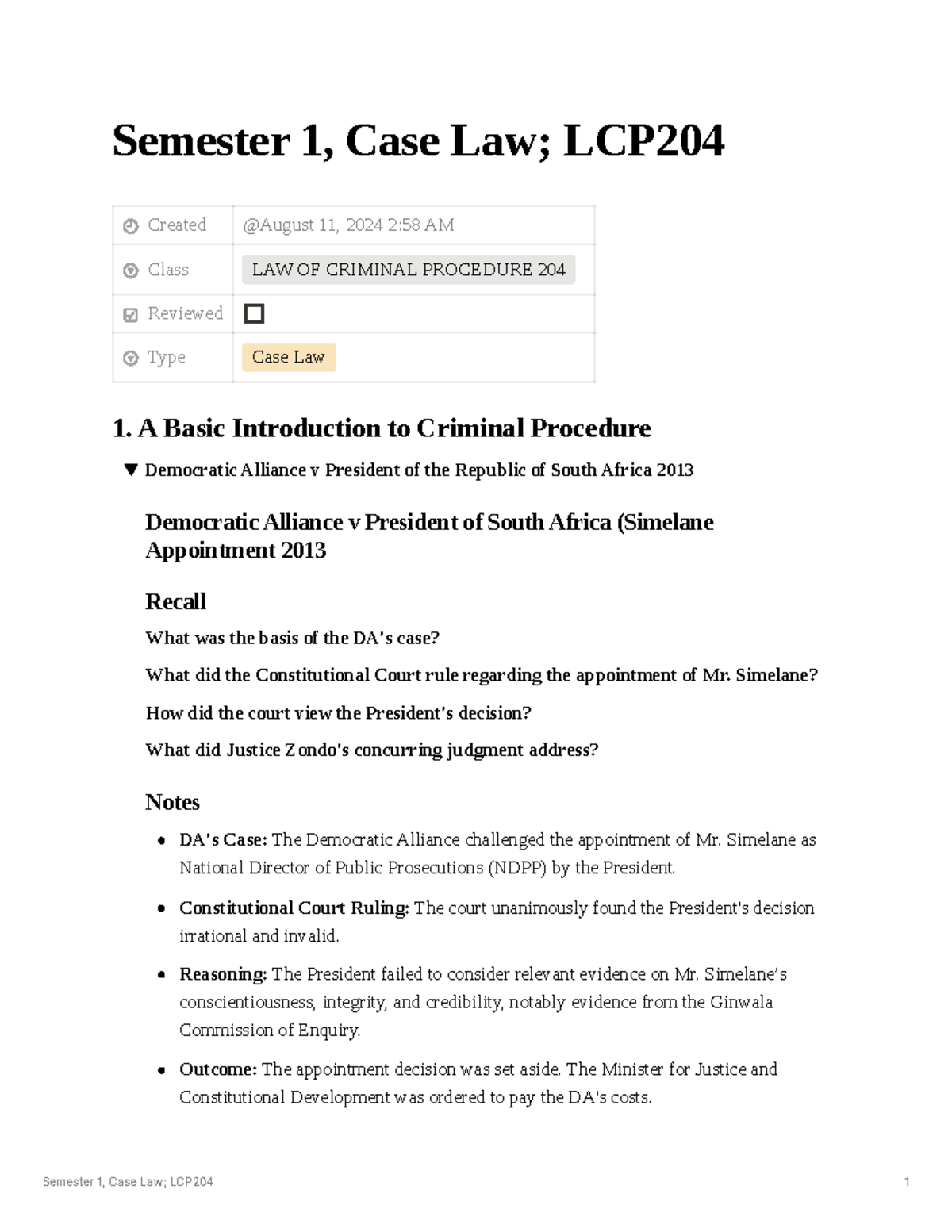 Semester 1 Case Law Study Notes for LCP204: Key Legal Decisions - Studocu