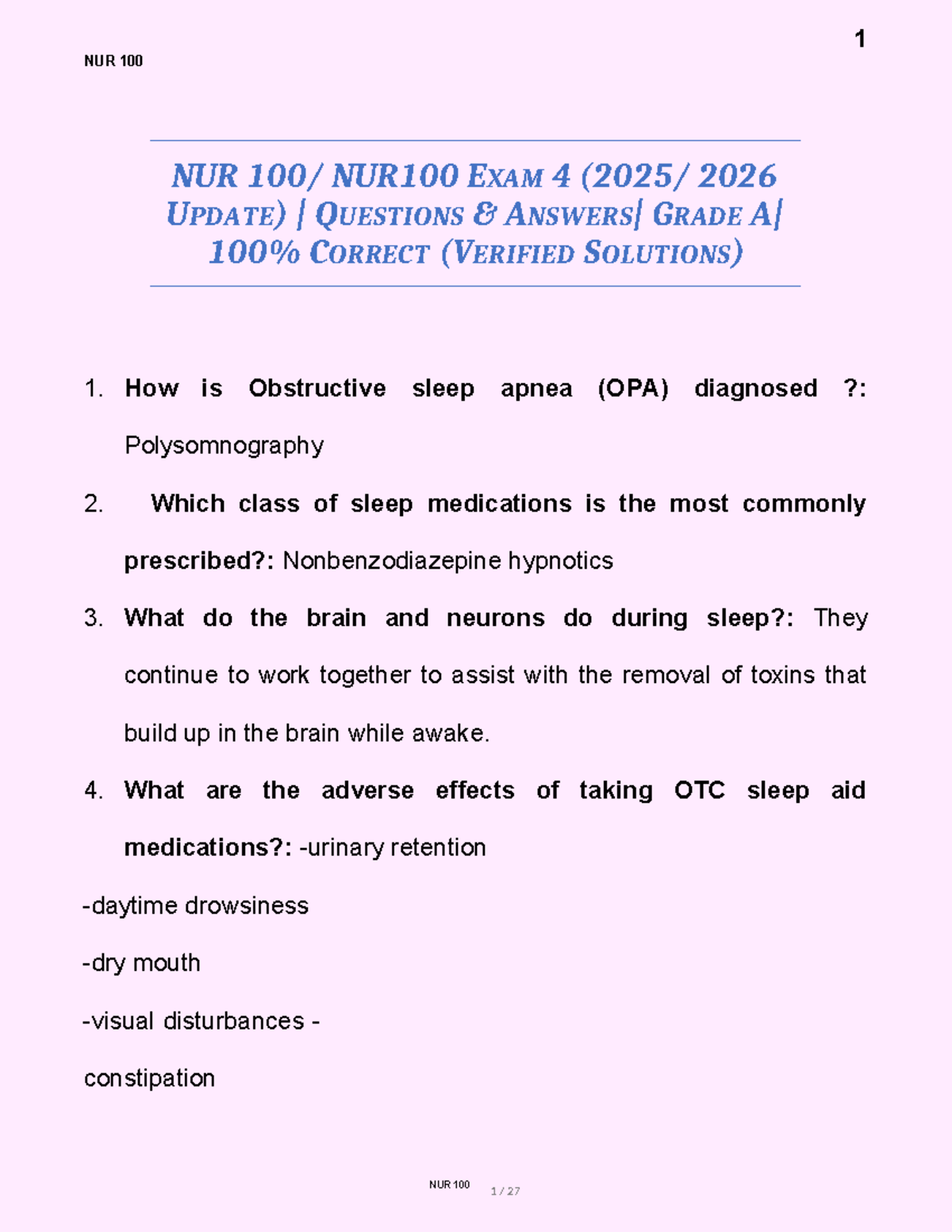 NUR 100 Final Exam 4 Questions & Verified Solutions - Studocu