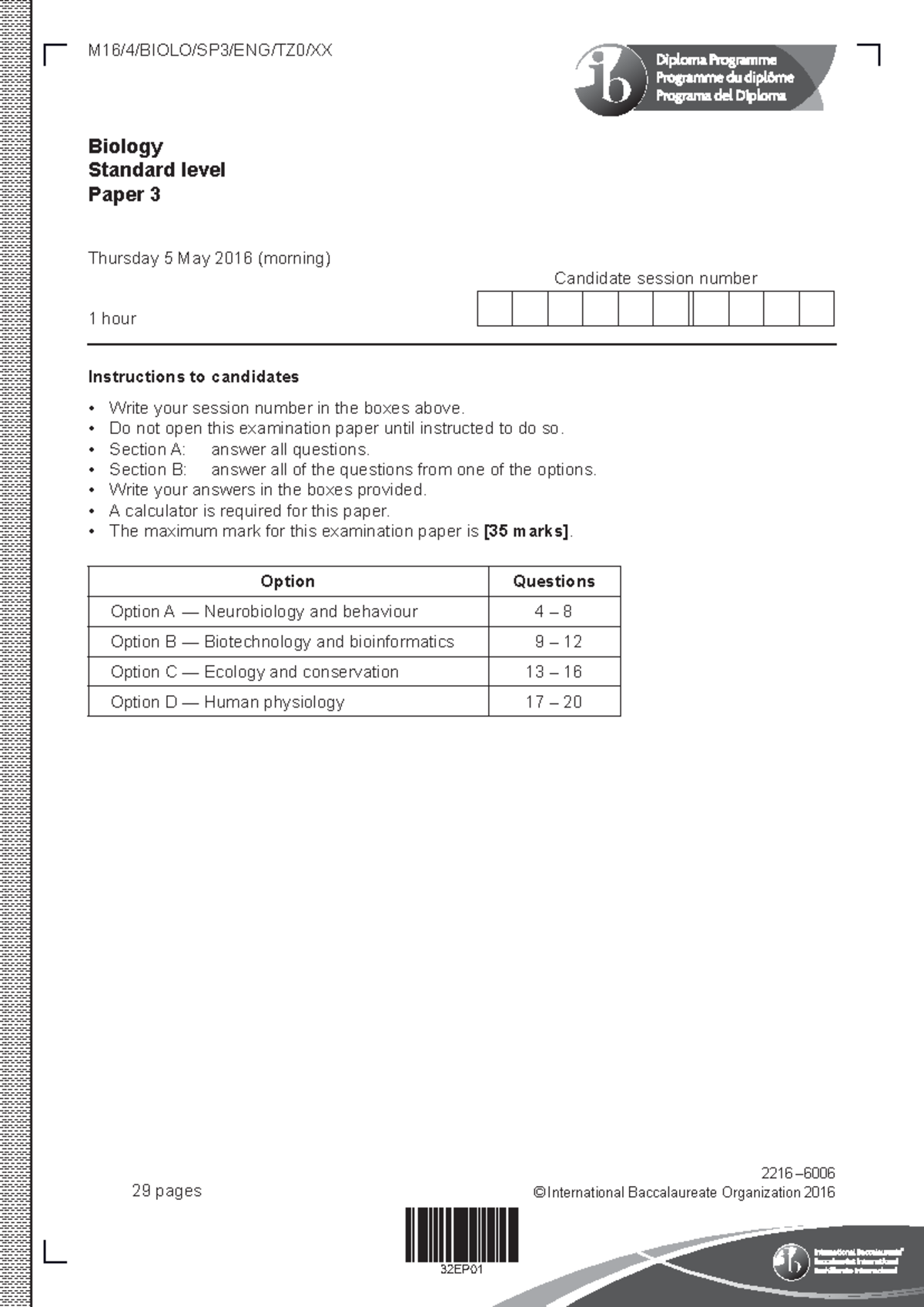 Biology paper 3 standard level long questions - 29 pages M16/4/BIOLO ...