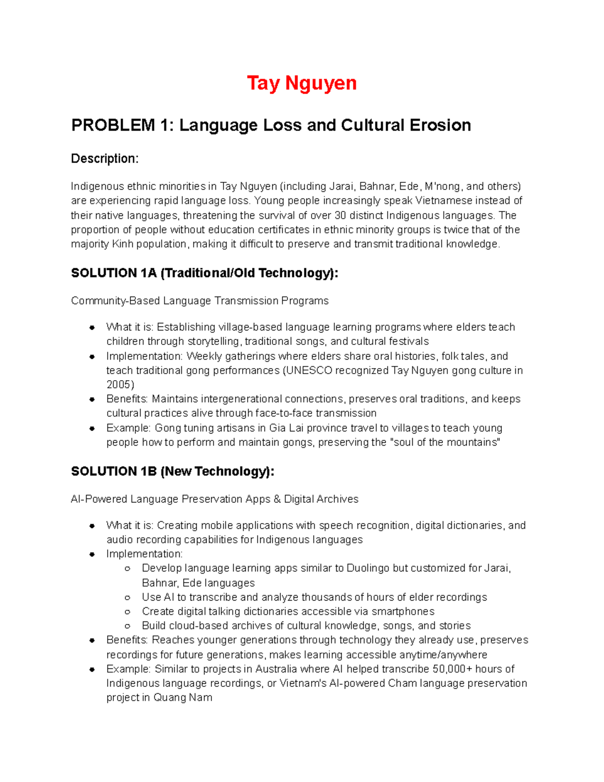 Tay Nguyen Language and Cultural Preservation Strategies (Course Code ...