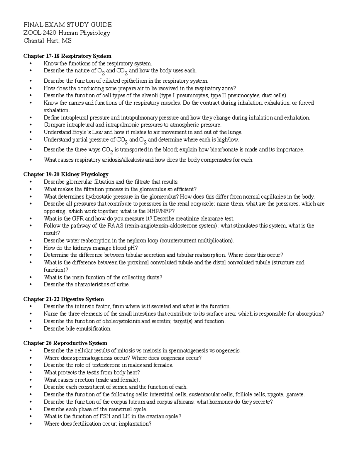 FINAL EXAM STUDY GUIDE ZOOL 2420: Human Physiology Key Concepts - Studocu