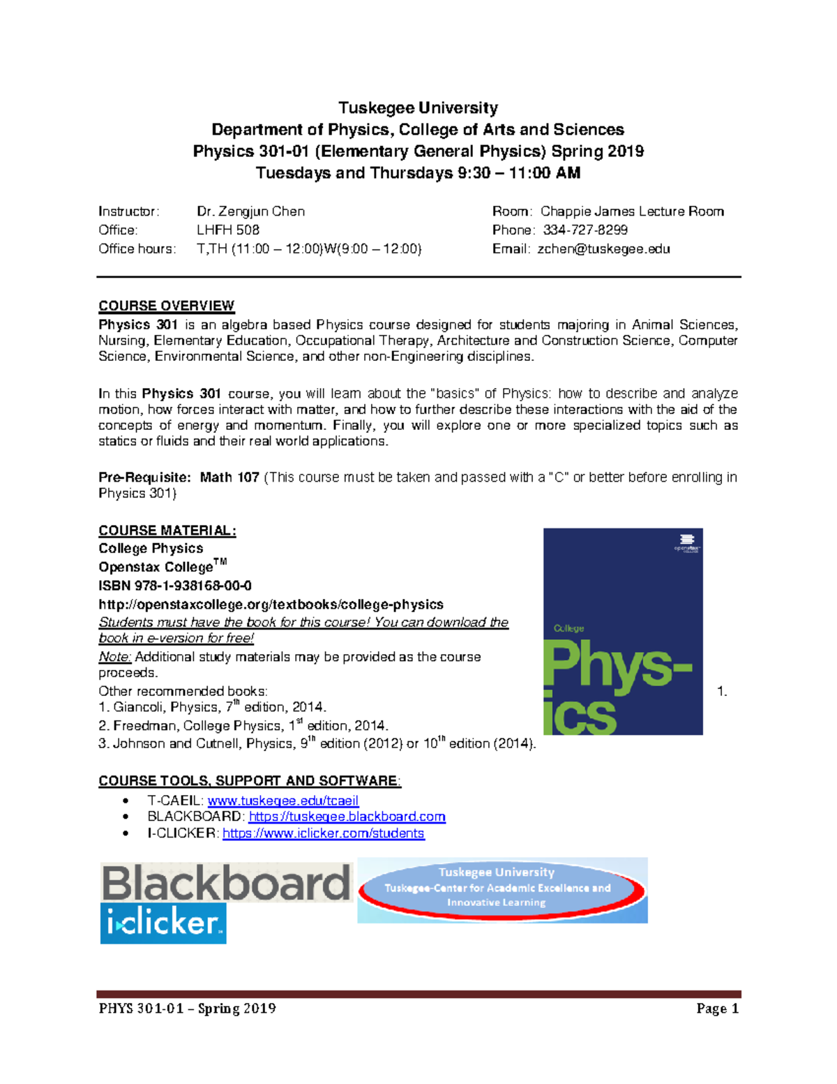 Physics 301-01 Syllabus: Elementary General Physics Overview Spring ...