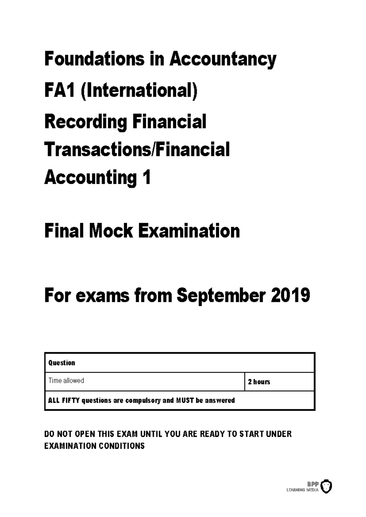 FIA FA1 Test for practice - Foundations in Accountancy FA1 ...