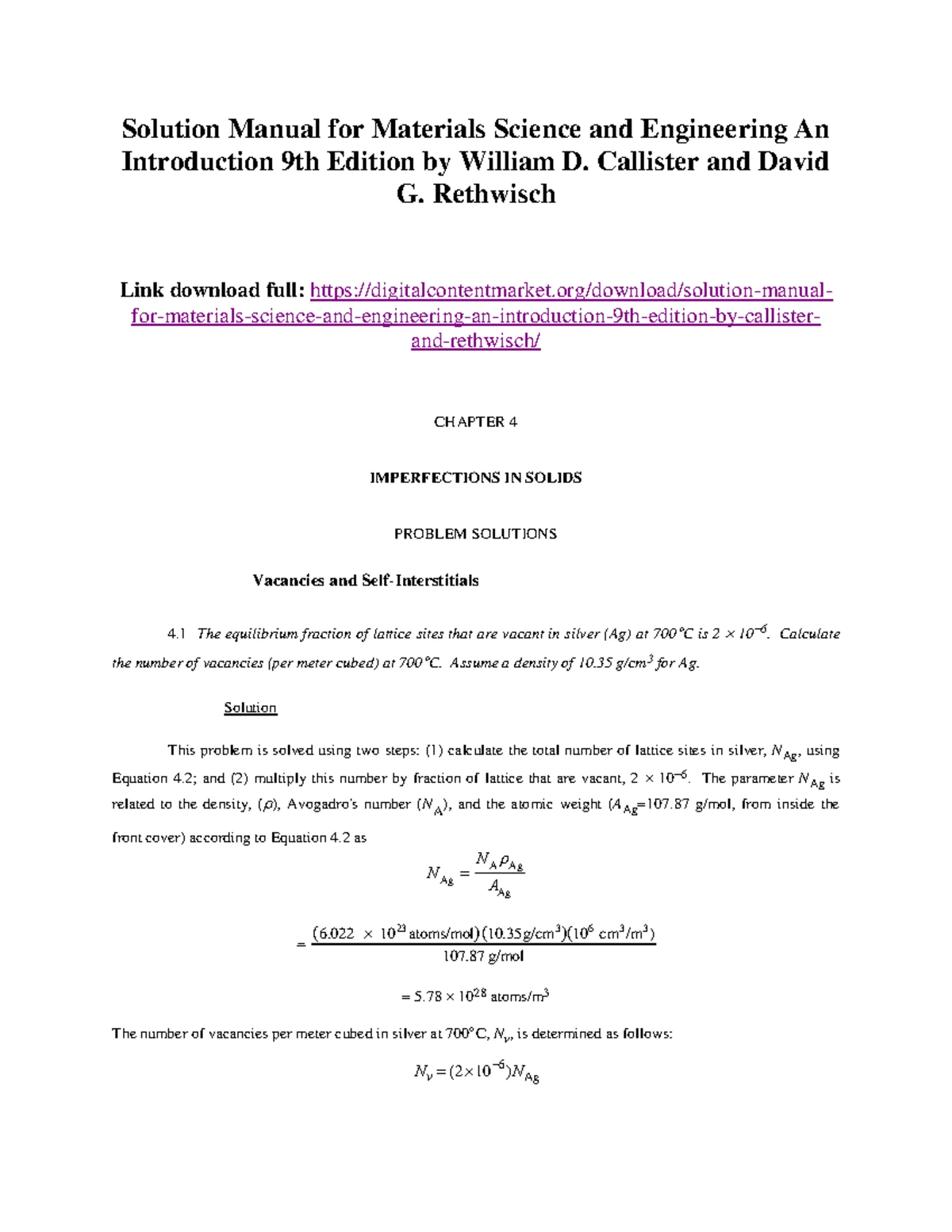 Solution Manual for Materials Science and Engineering - Callister and ...
