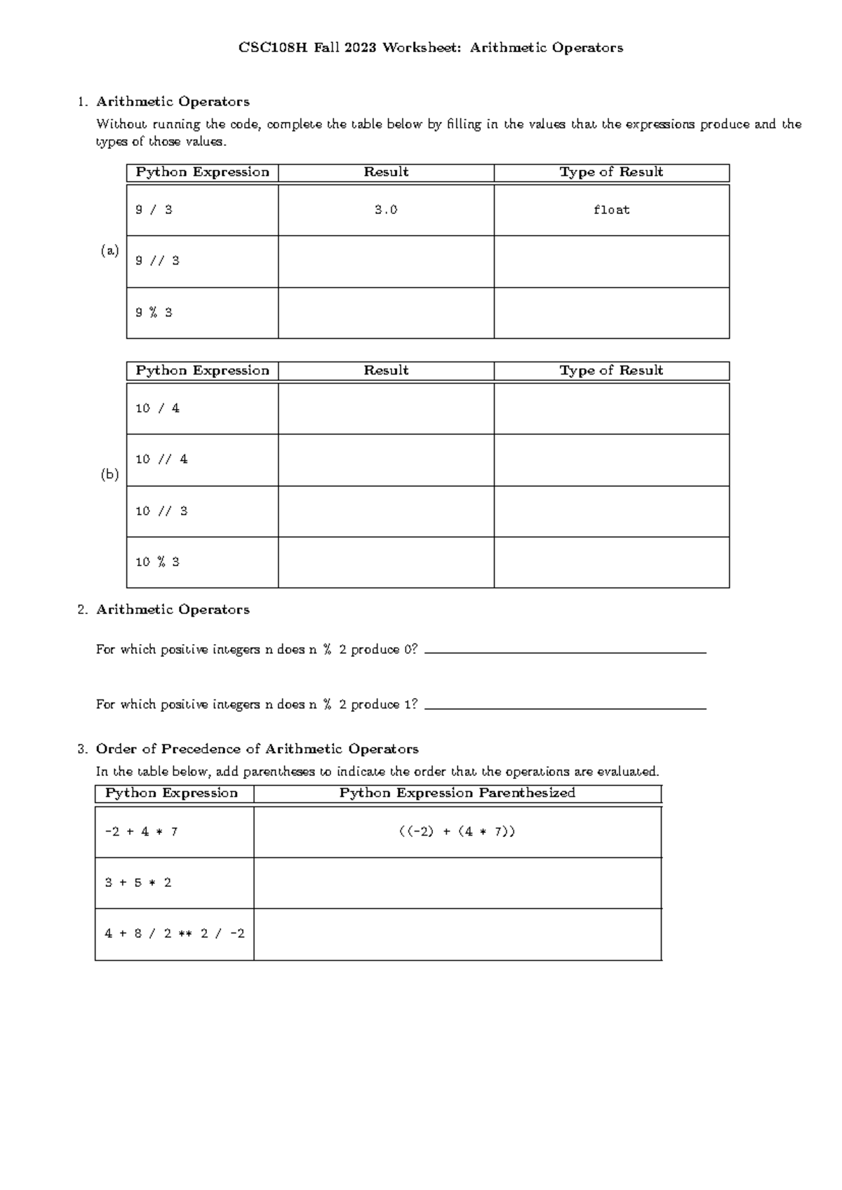 CSC108H Fall 2023 Worksheet: Understanding Arithmetic Operators - Studocu