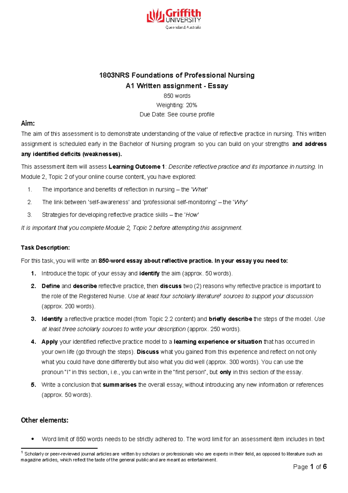 1803NRS Reflective Practice in Nursing: Essay Assignment Guide - Studocu