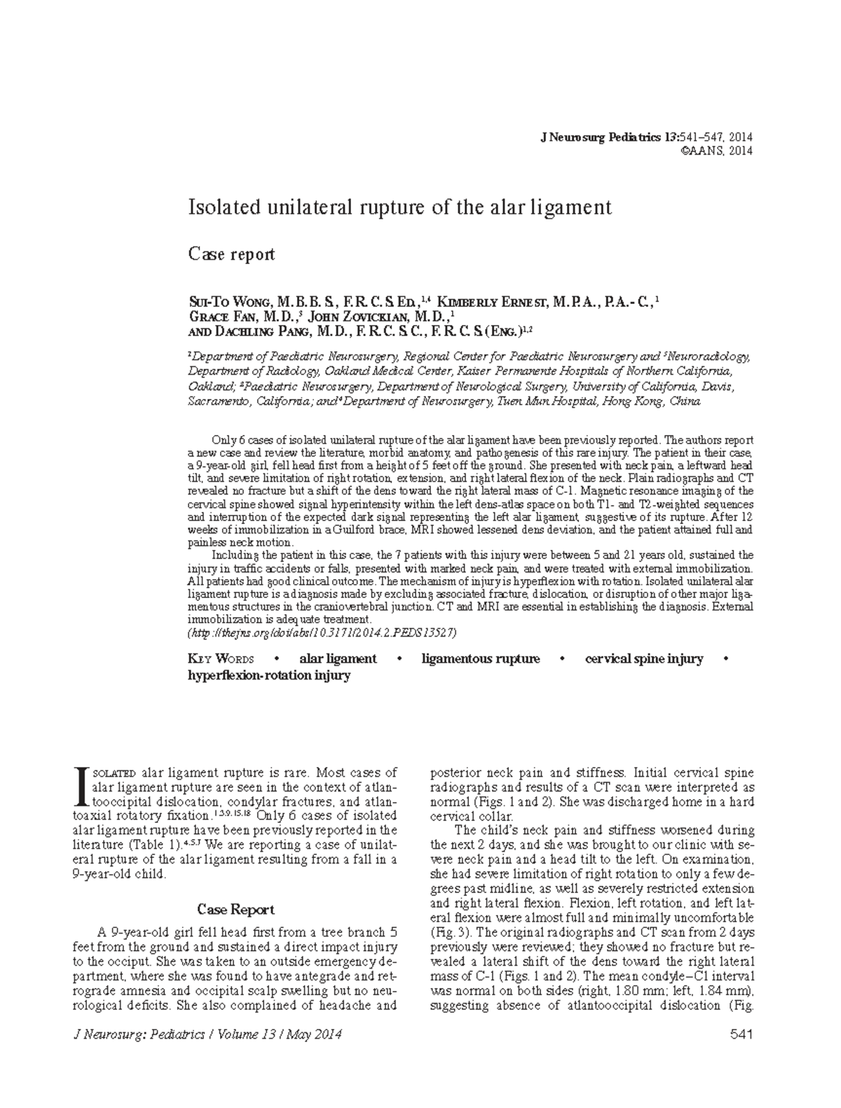 Isolated Unilateral Alar Ligament Rupture: Case Report (J Neurosurg ...