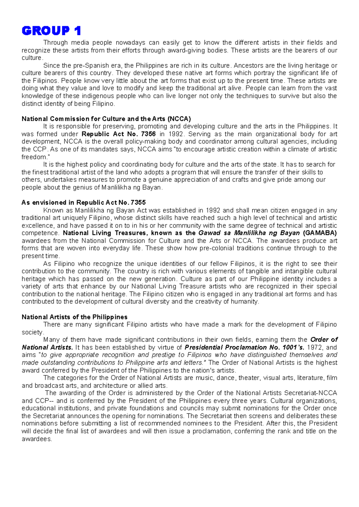 Group Report for Finals: Cultural Heritage & Arts in the Philippines ...