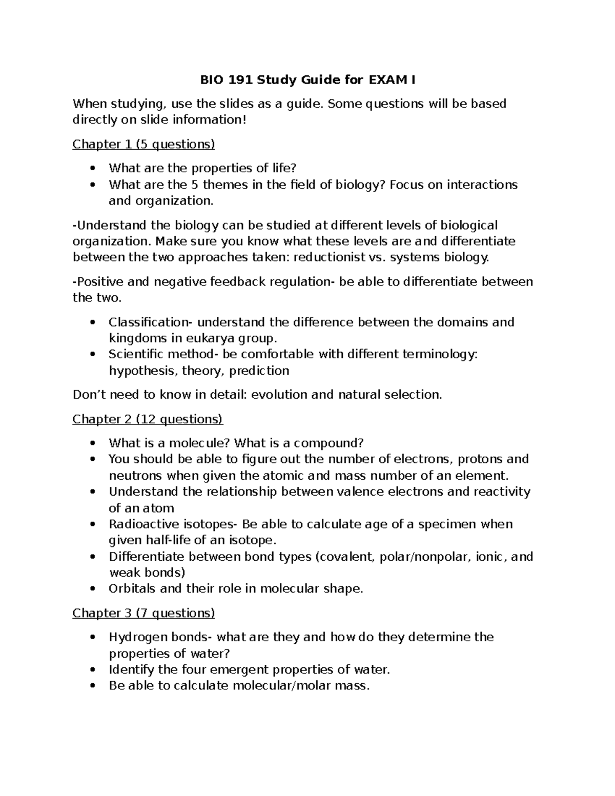 BIO 191 Study Guide for Exam I: Key Concepts & Review Questions - Studocu