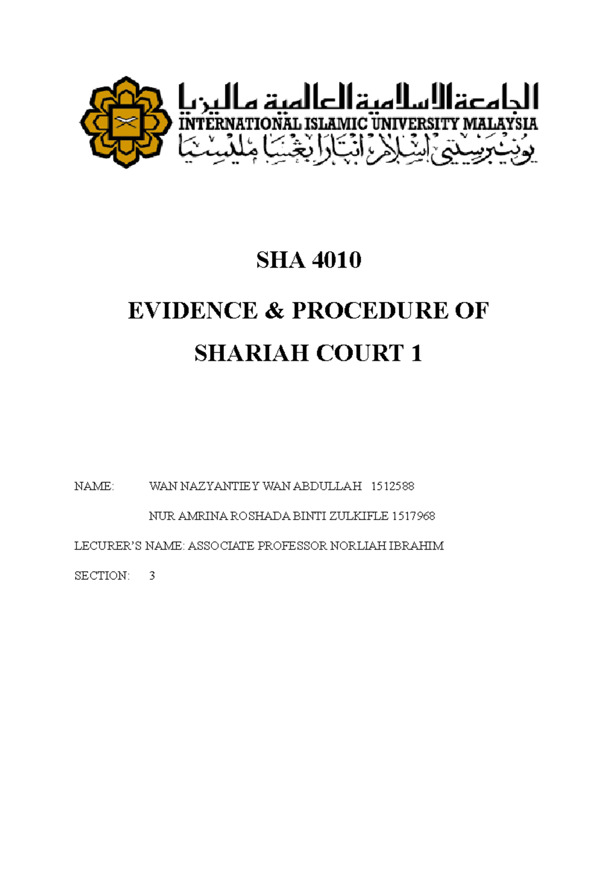 SHA 4010 Final Exam Notes on Evidence in Shariah Court - Studocu