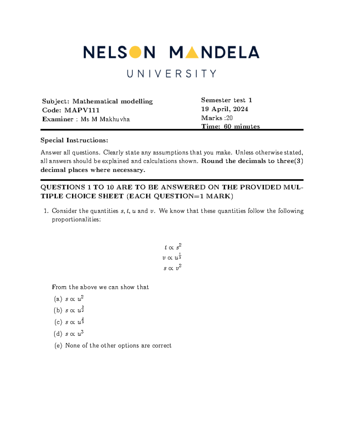 Test 1 - Geometric Similarity, Proportionality, & Model Fitting (MAPV ...