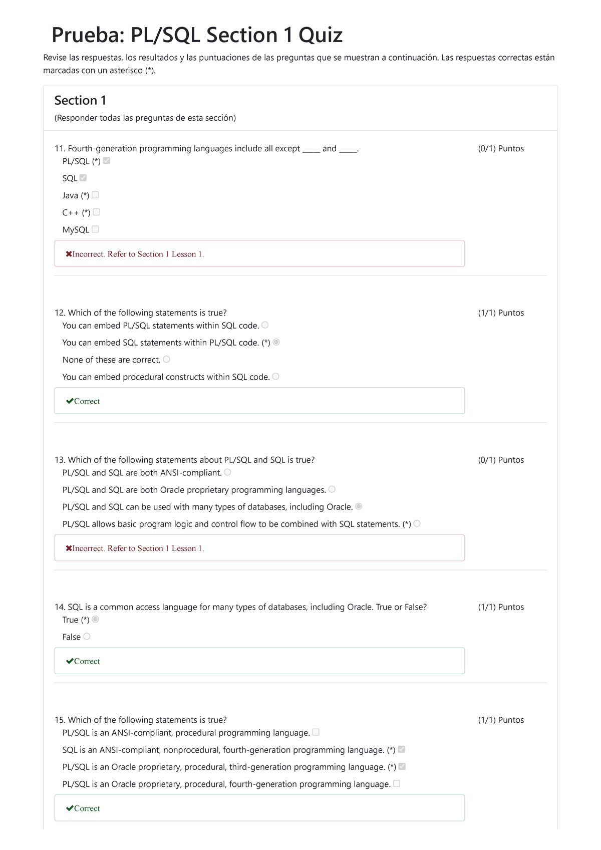 PL SQL Section 1 Quiz 6: Respuestas y Puntuaciones Revisadas - Studocu