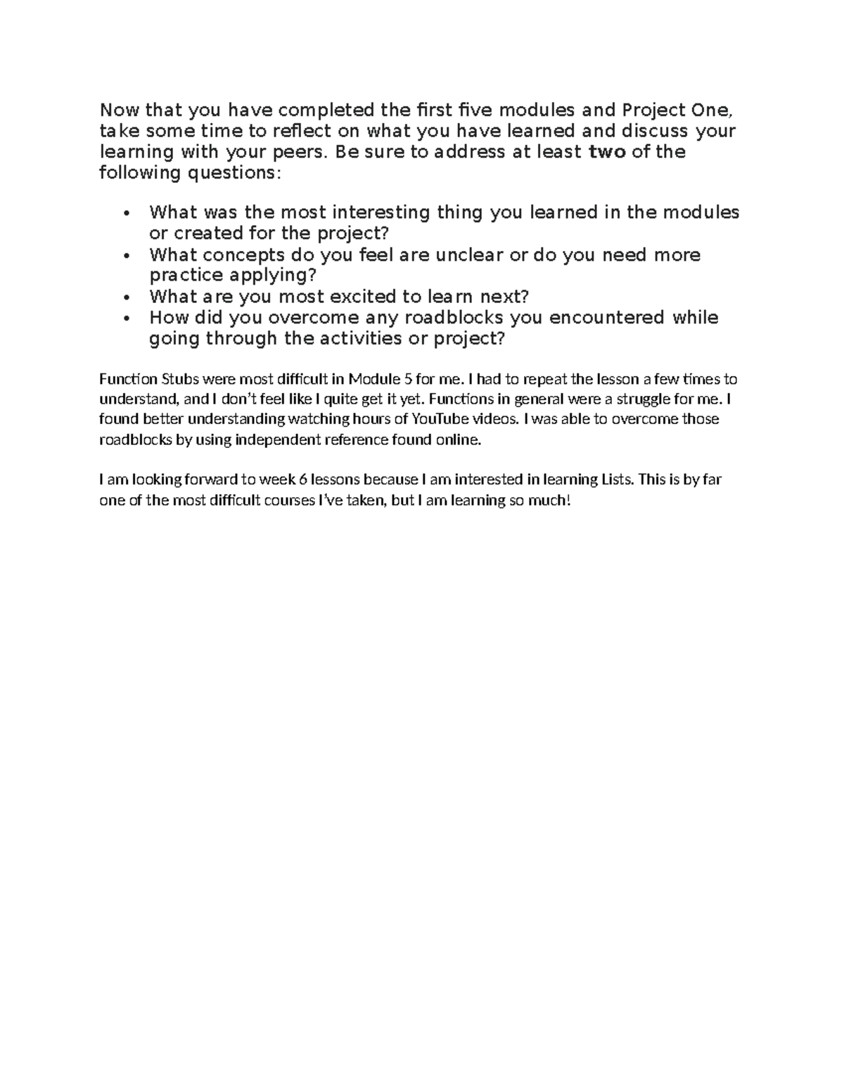Reflection on Learning from Modules 1-5 & Project One Insights - Studocu