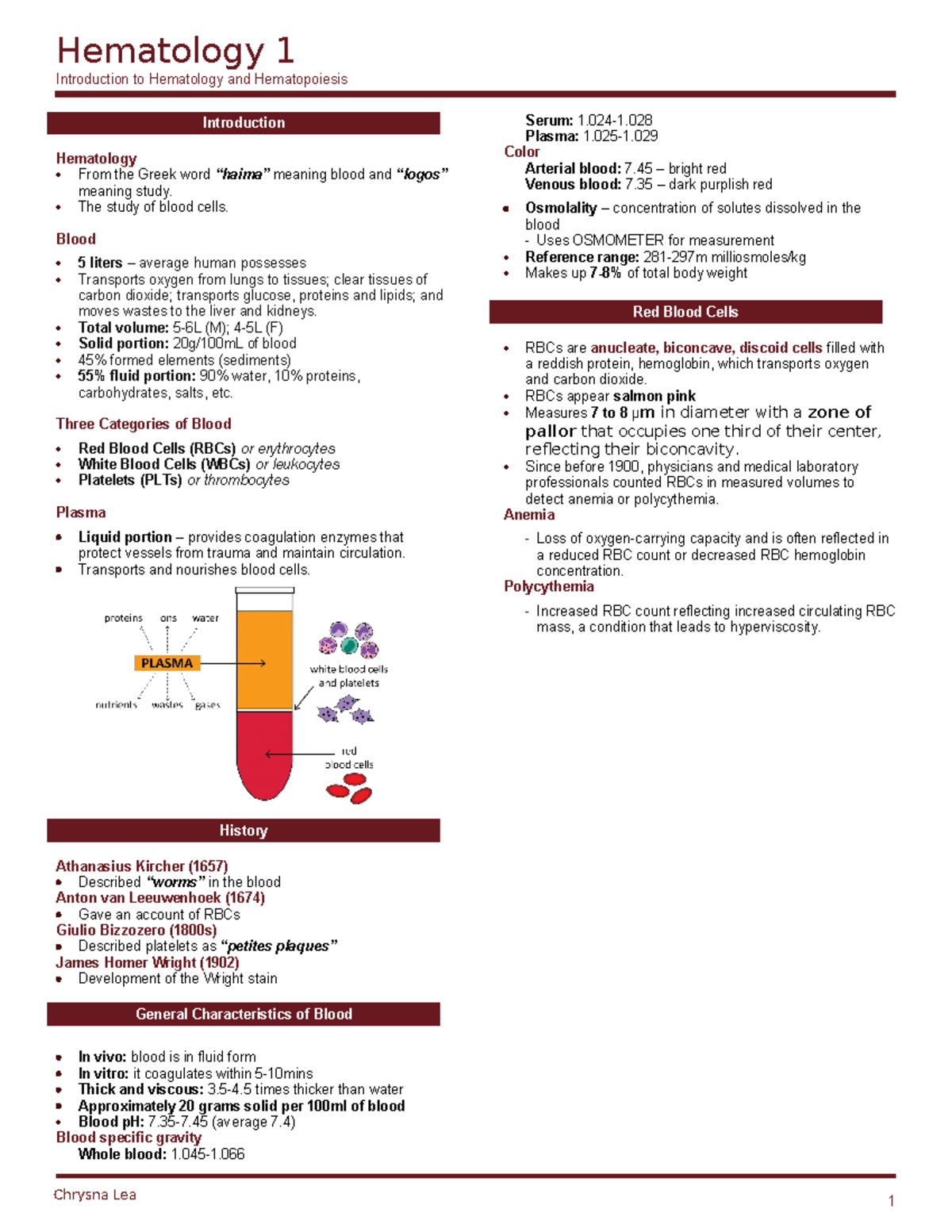 Hematology 1: Introduction to Blood Composition and Functions - Studocu