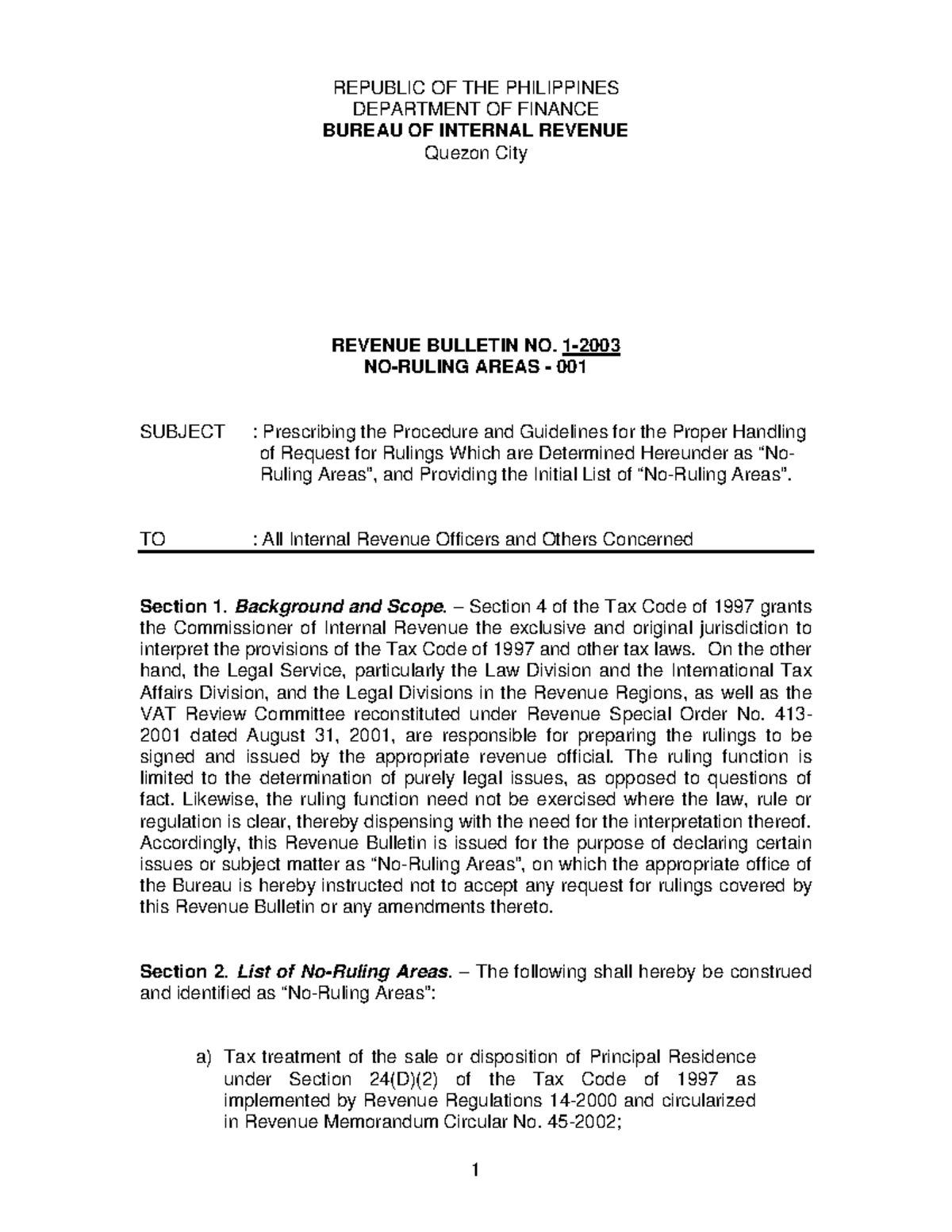 Revenue Bulletin 1-03: Guidelines for Handling Rulings Requests - Studocu
