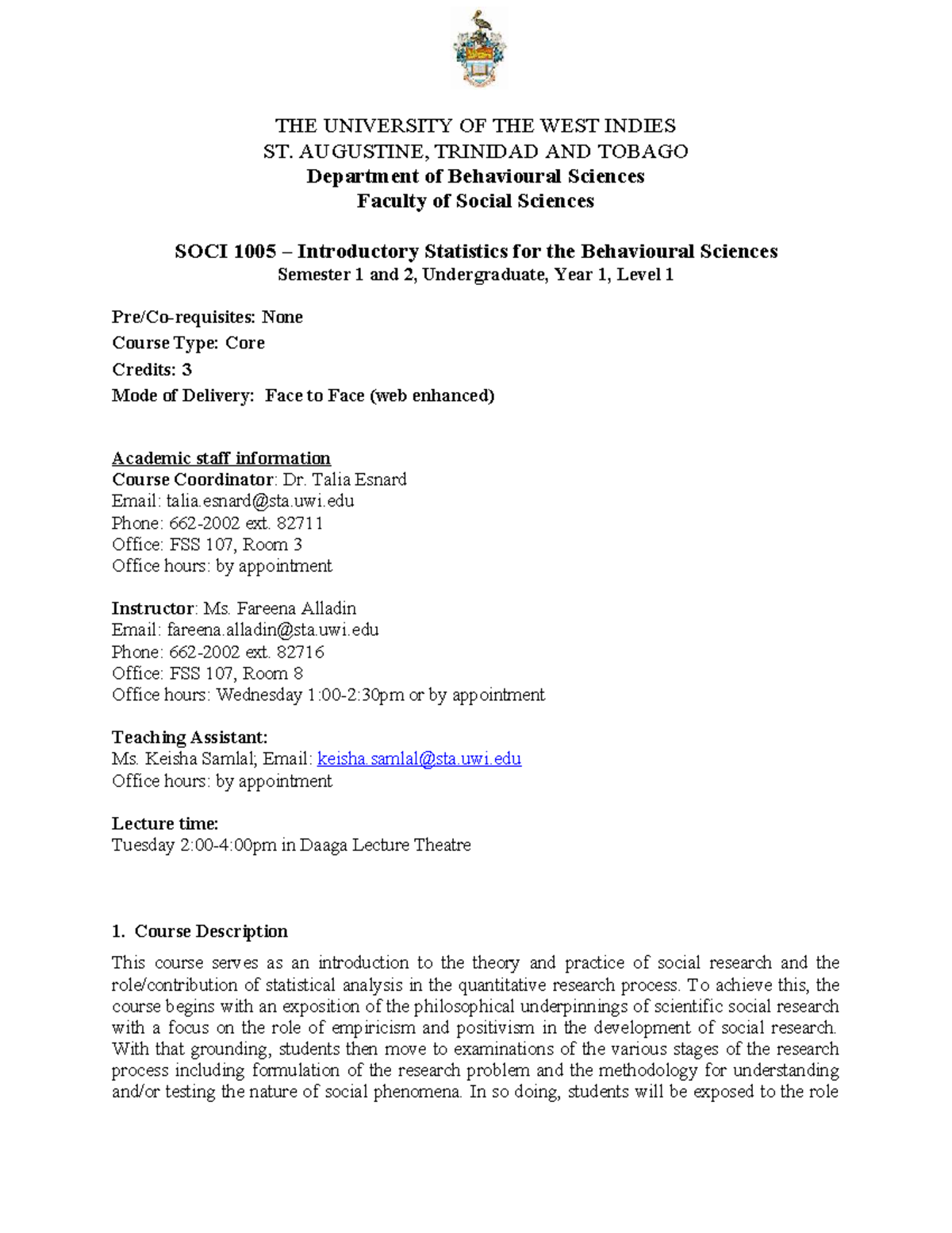 SOCI 1005 Course Outline: Introductory Statistics for Behavioral ...