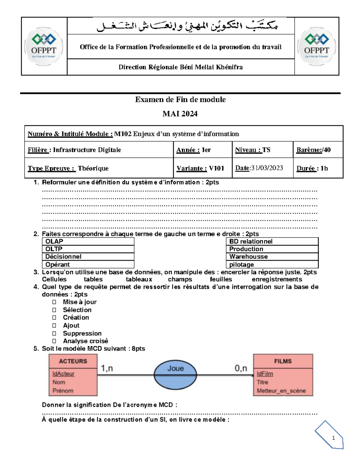 ID M102 2024 Examen de Fin de Module - V101 Enjeux d'un SI - Studocu